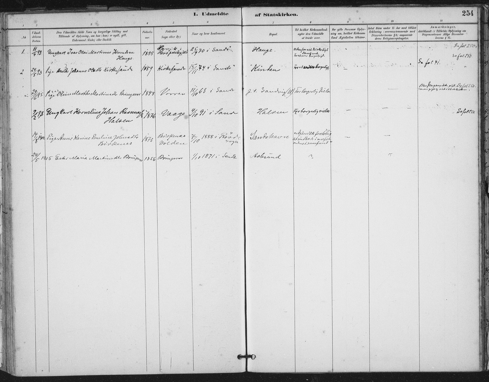 Ministerialprotokoller, klokkerbøker og fødselsregistre - Møre og Romsdal, AV/SAT-A-1454/503/L0037: Parish register (official) no. 503A05, 1884-1900, p. 254