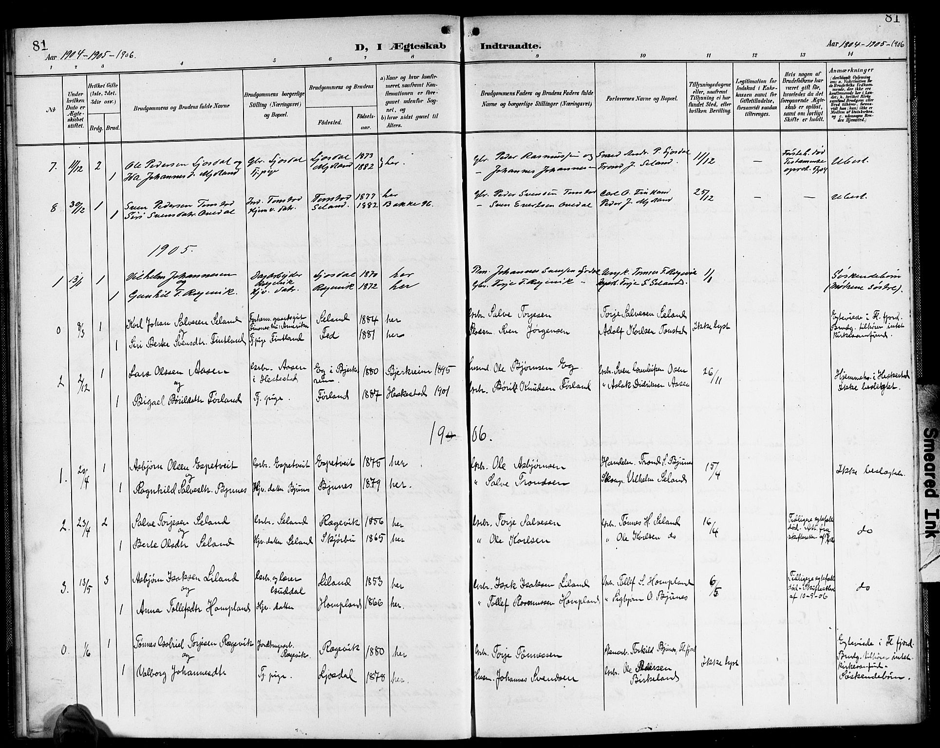 Sirdal sokneprestkontor, SAK/1111-0036/F/Fb/Fbb/L0004: Parish register (copy) no. B 4, 1895-1916, p. 81