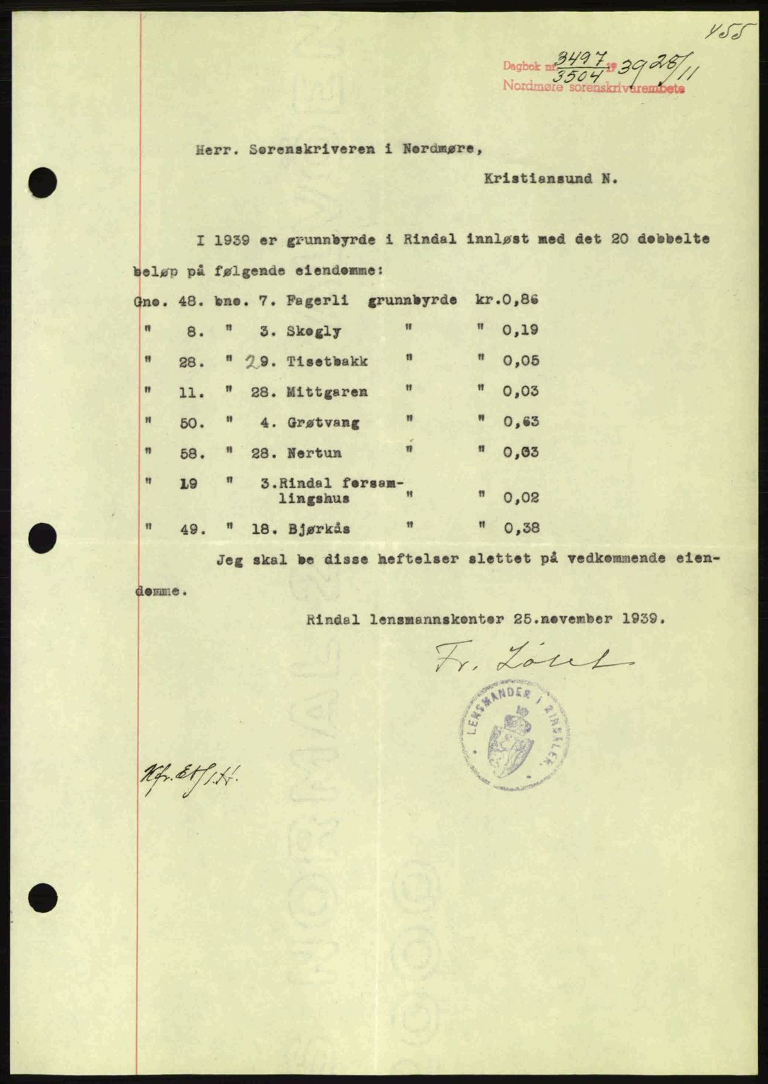 Nordmøre sorenskriveri, AV/SAT-A-4132/1/2/2Ca: Mortgage book no. B86, 1939-1940, Diary no: : 3497/1939