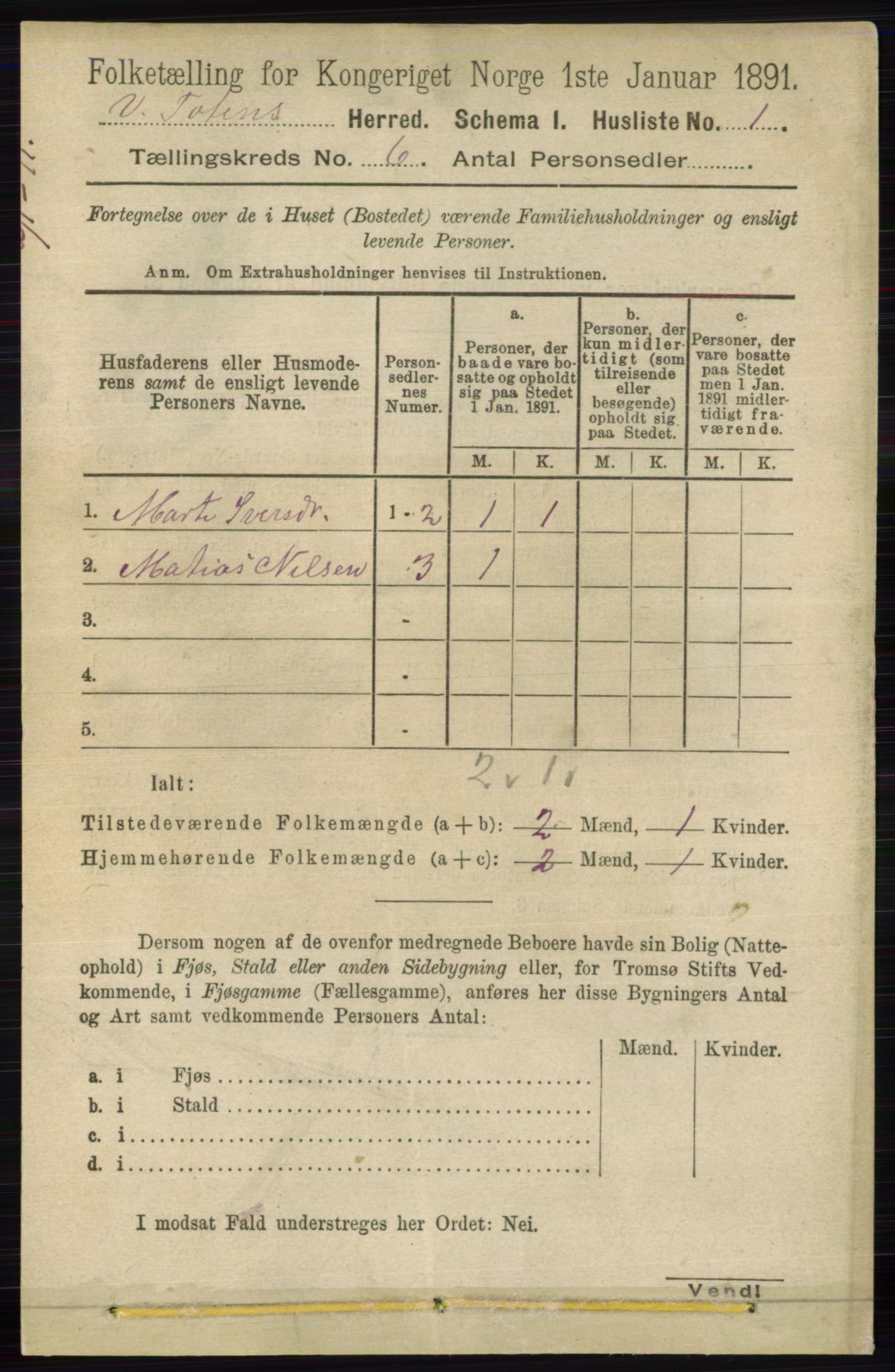 RA, 1891 census for 0529 Vestre Toten, 1891, p. 3734