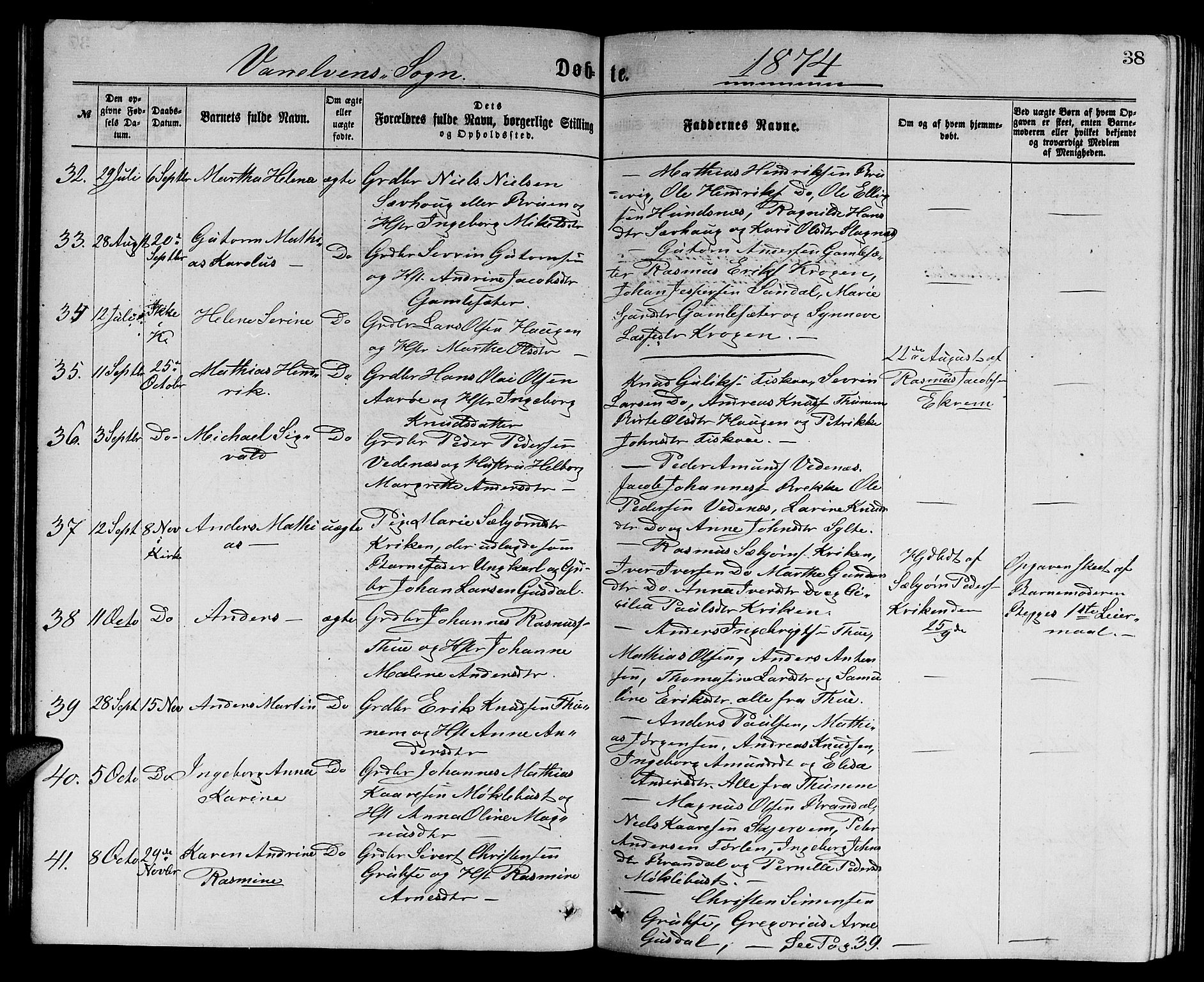Ministerialprotokoller, klokkerbøker og fødselsregistre - Møre og Romsdal, SAT/A-1454/501/L0016: Parish register (copy) no. 501C02, 1868-1884, p. 38