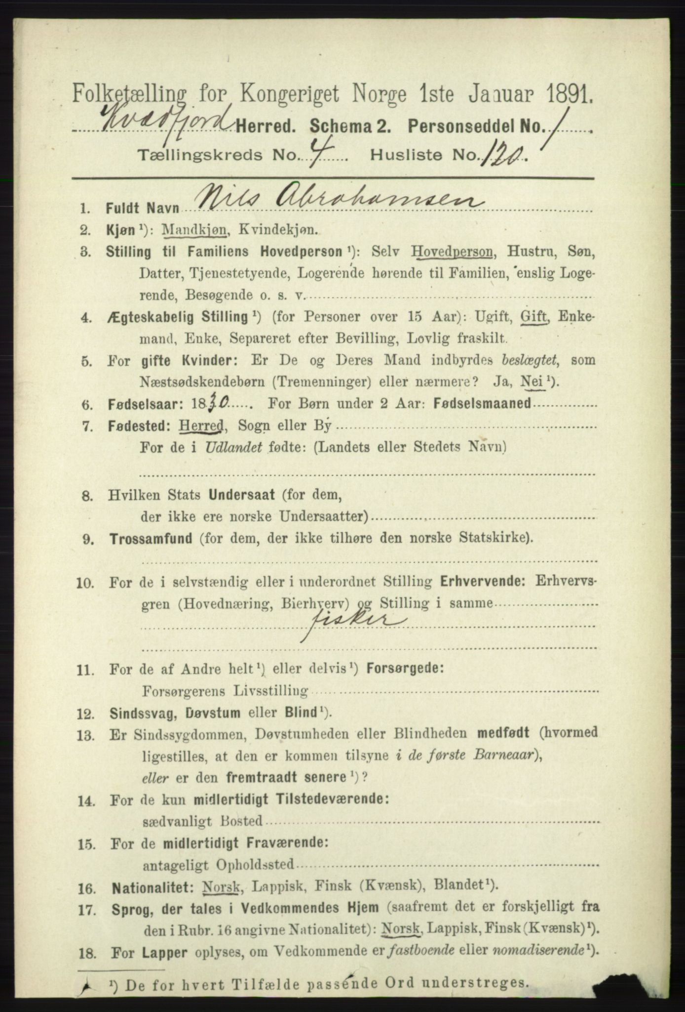 RA, 1891 census for 1911 Kvæfjord, 1891, p. 2658
