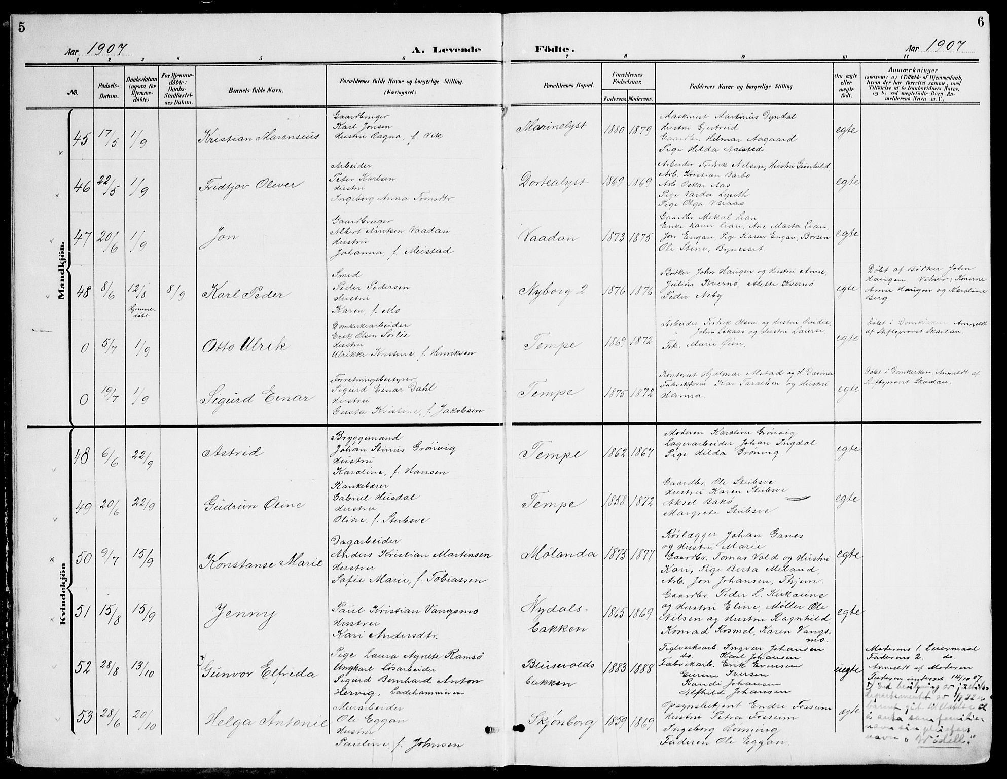 Ministerialprotokoller, klokkerbøker og fødselsregistre - Sør-Trøndelag, AV/SAT-A-1456/607/L0320: Parish register (official) no. 607A04, 1907-1915, p. 5-6