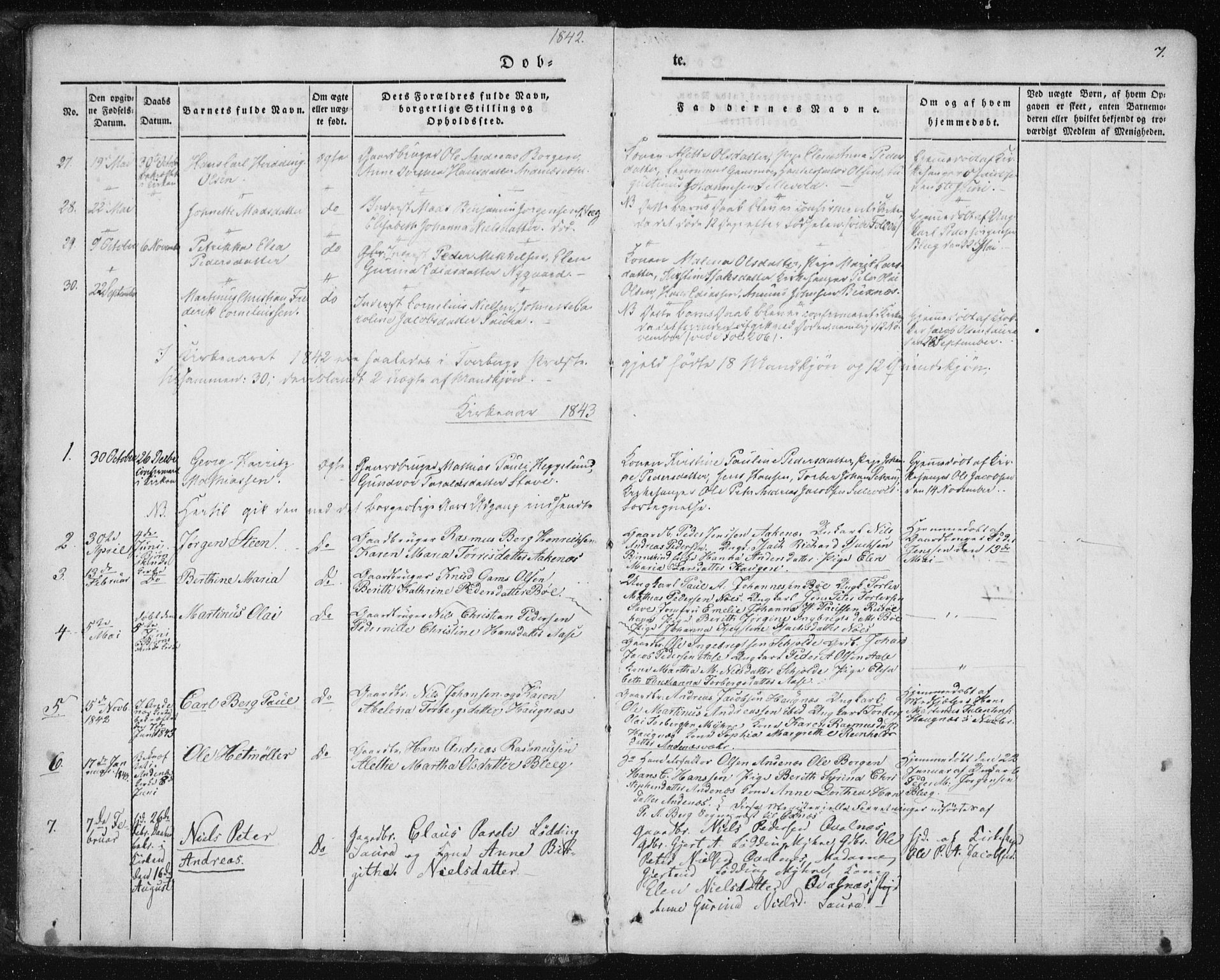 Ministerialprotokoller, klokkerbøker og fødselsregistre - Nordland, SAT/A-1459/897/L1396: Parish register (official) no. 897A04, 1842-1866, p. 7
