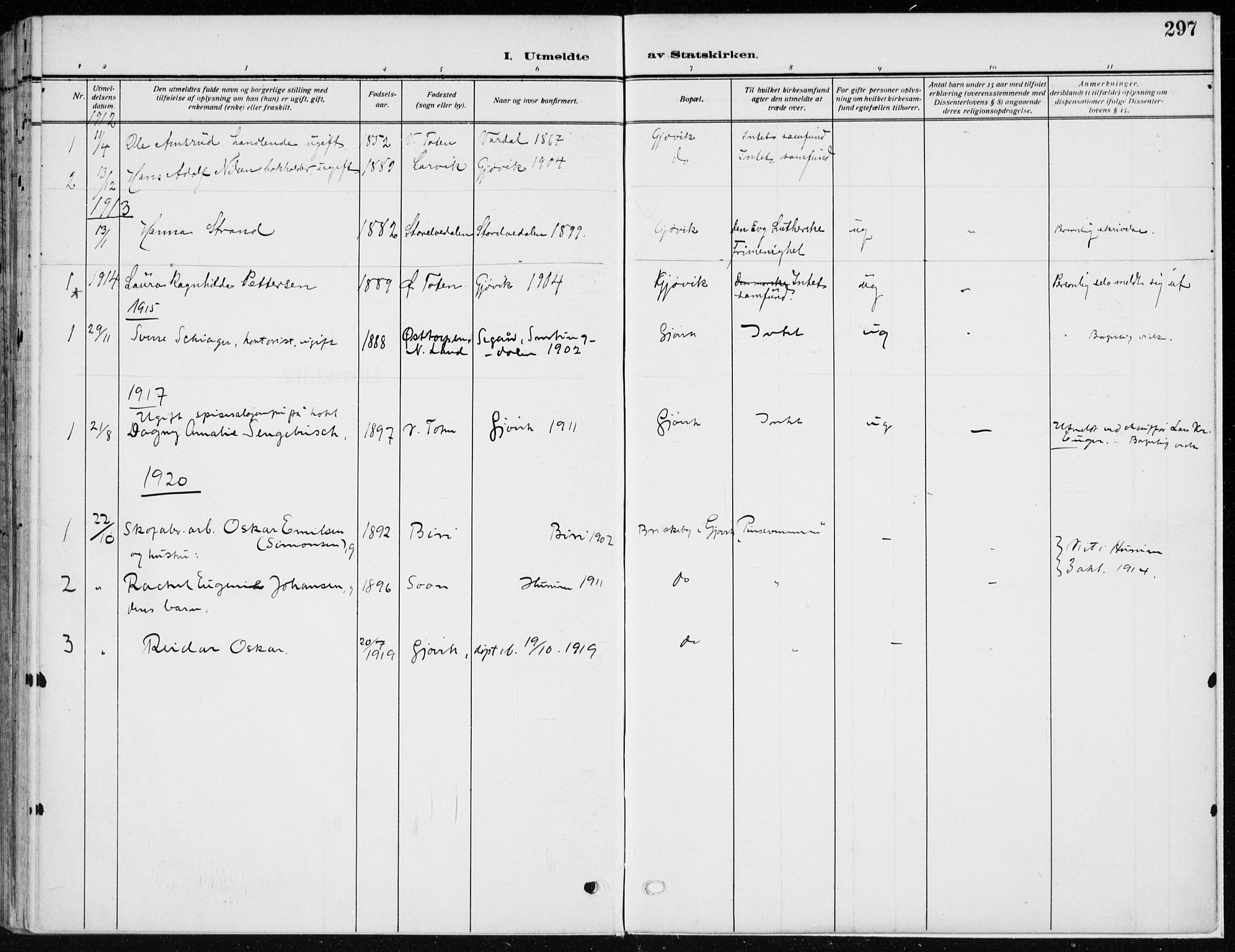 Vardal prestekontor, SAH/PREST-100/H/Ha/Haa/L0014: Parish register (official) no. 14, 1912-1922, p. 297