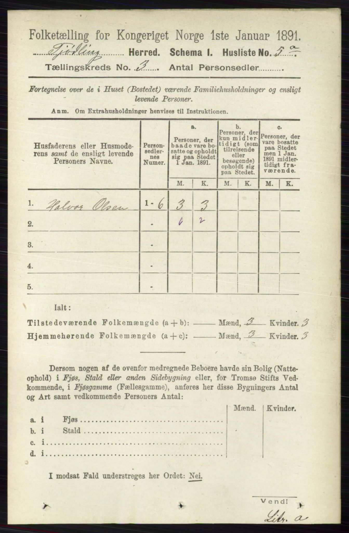 RA, 1891 census for 0725 Tjølling, 1891, p. 830