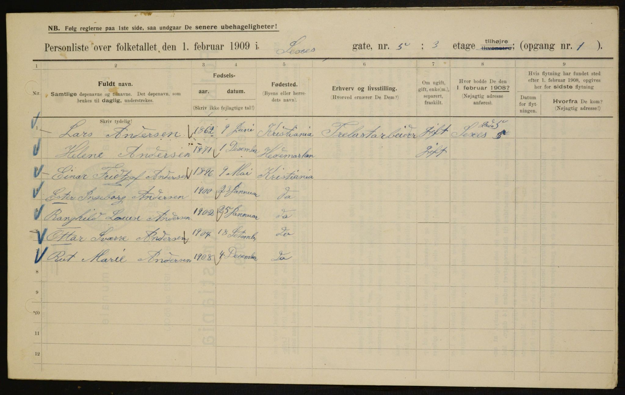 OBA, Municipal Census 1909 for Kristiania, 1909, p. 85957