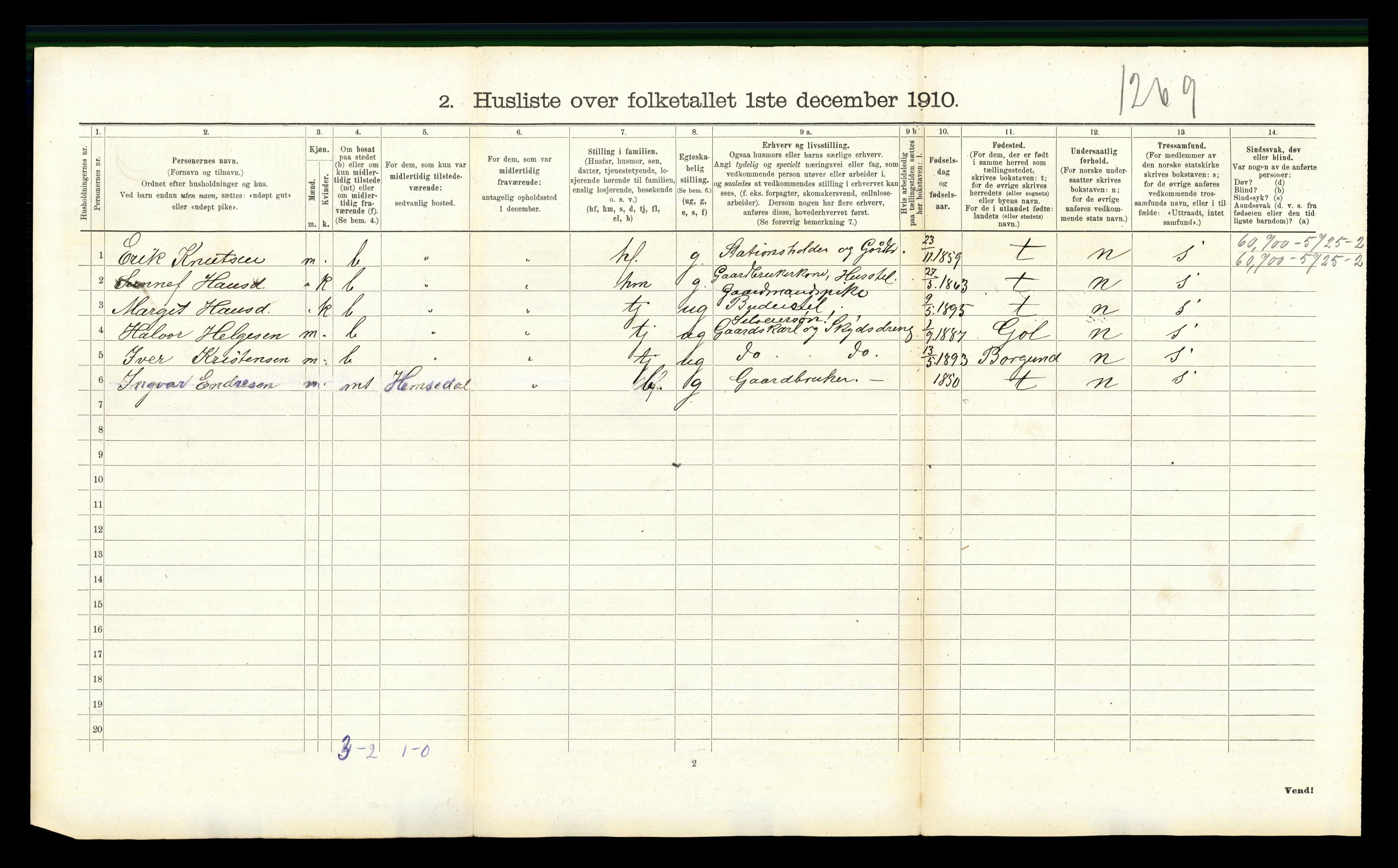 RA, 1910 census for Hemsedal, 1910, p. 495