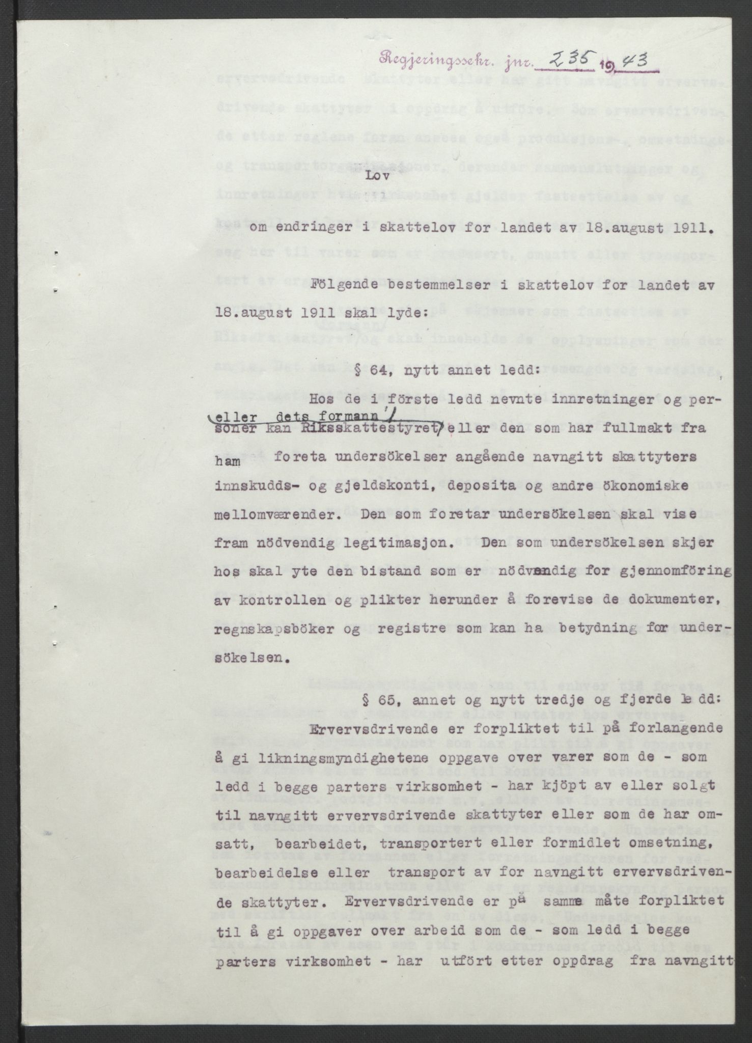 NS-administrasjonen 1940-1945 (Statsrådsekretariatet, de kommisariske statsråder mm), AV/RA-S-4279/D/Db/L0099: Lover, 1943, p. 458