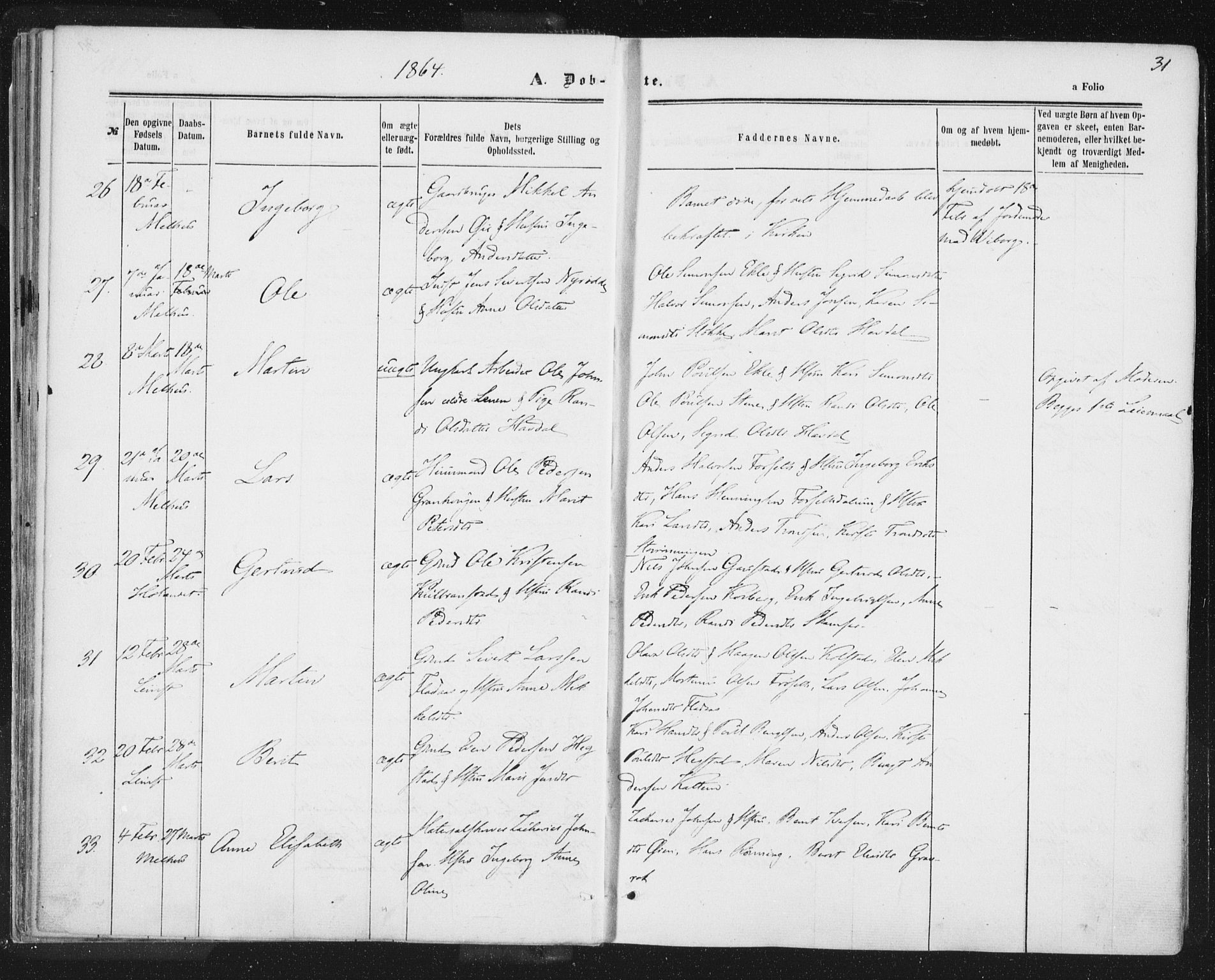 Ministerialprotokoller, klokkerbøker og fødselsregistre - Sør-Trøndelag, AV/SAT-A-1456/691/L1077: Parish register (official) no. 691A09, 1862-1873, p. 31