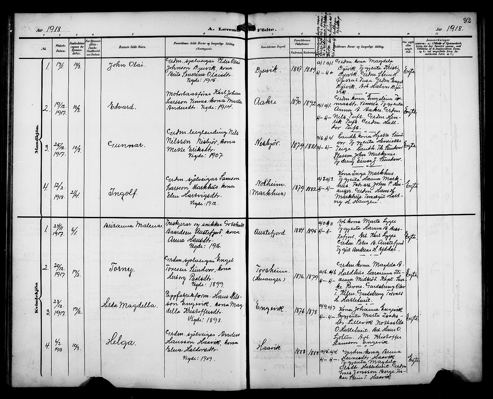 Fusa sokneprestembete, AV/SAB-A-75401/H/Hab: Parish register (copy) no. C 3, 1903-1920, p. 92