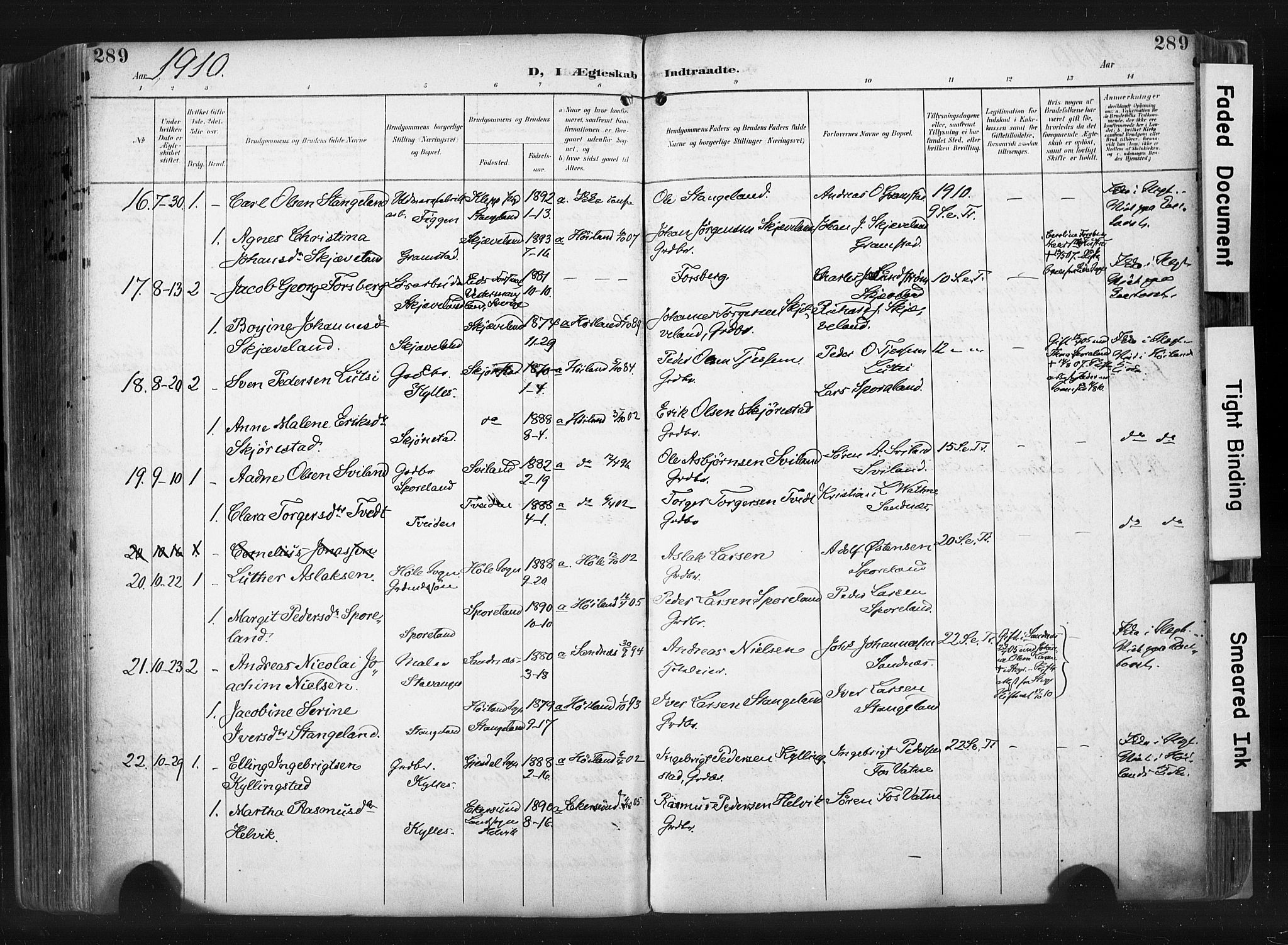 Høyland sokneprestkontor, AV/SAST-A-101799/001/30BA/L0015: Parish register (official) no. A 14, 1899-1911, p. 289