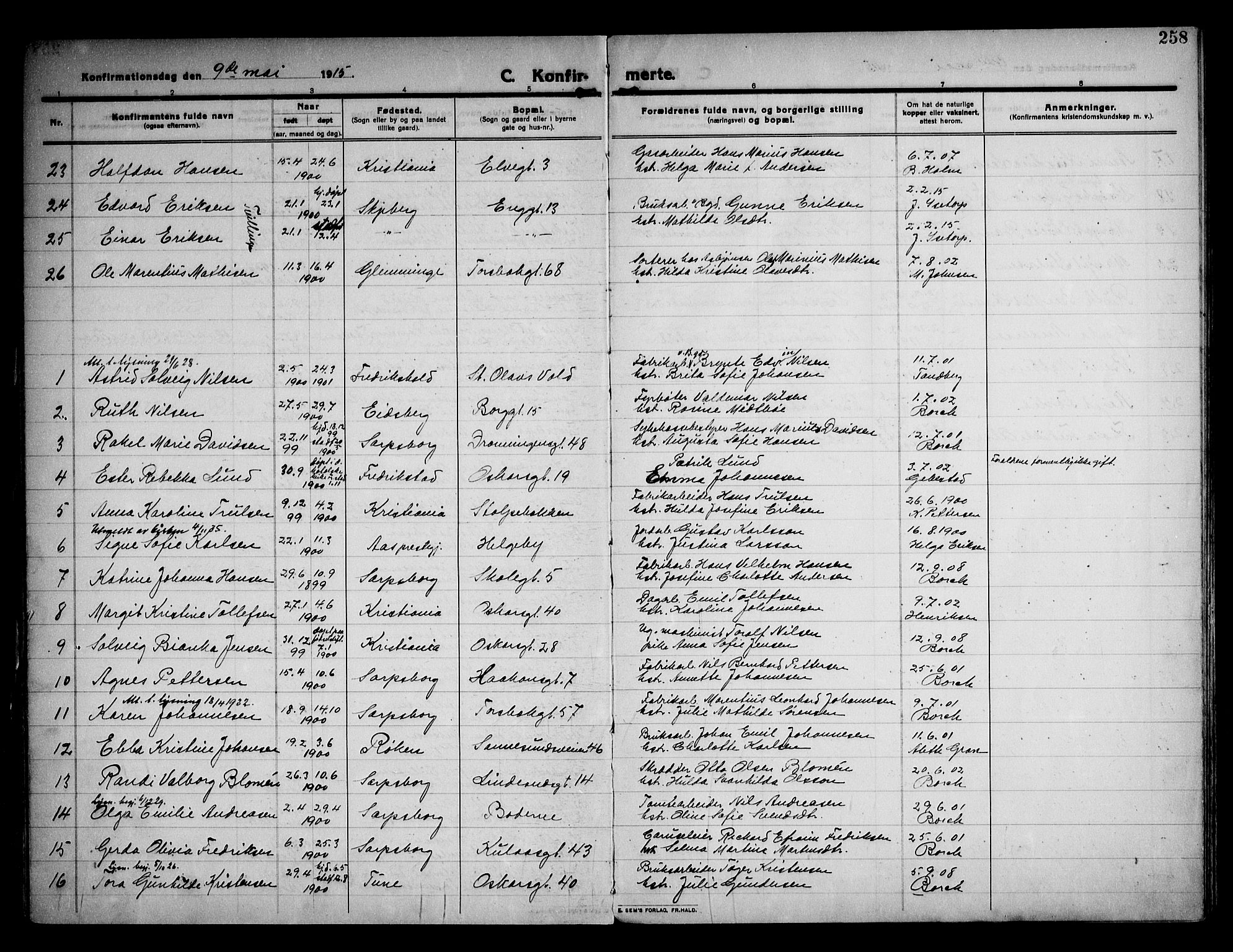 Sarpsborg prestekontor Kirkebøker, AV/SAO-A-2006/F/Fa/L0008: Parish register (official) no. 8, 1910-1920, p. 258