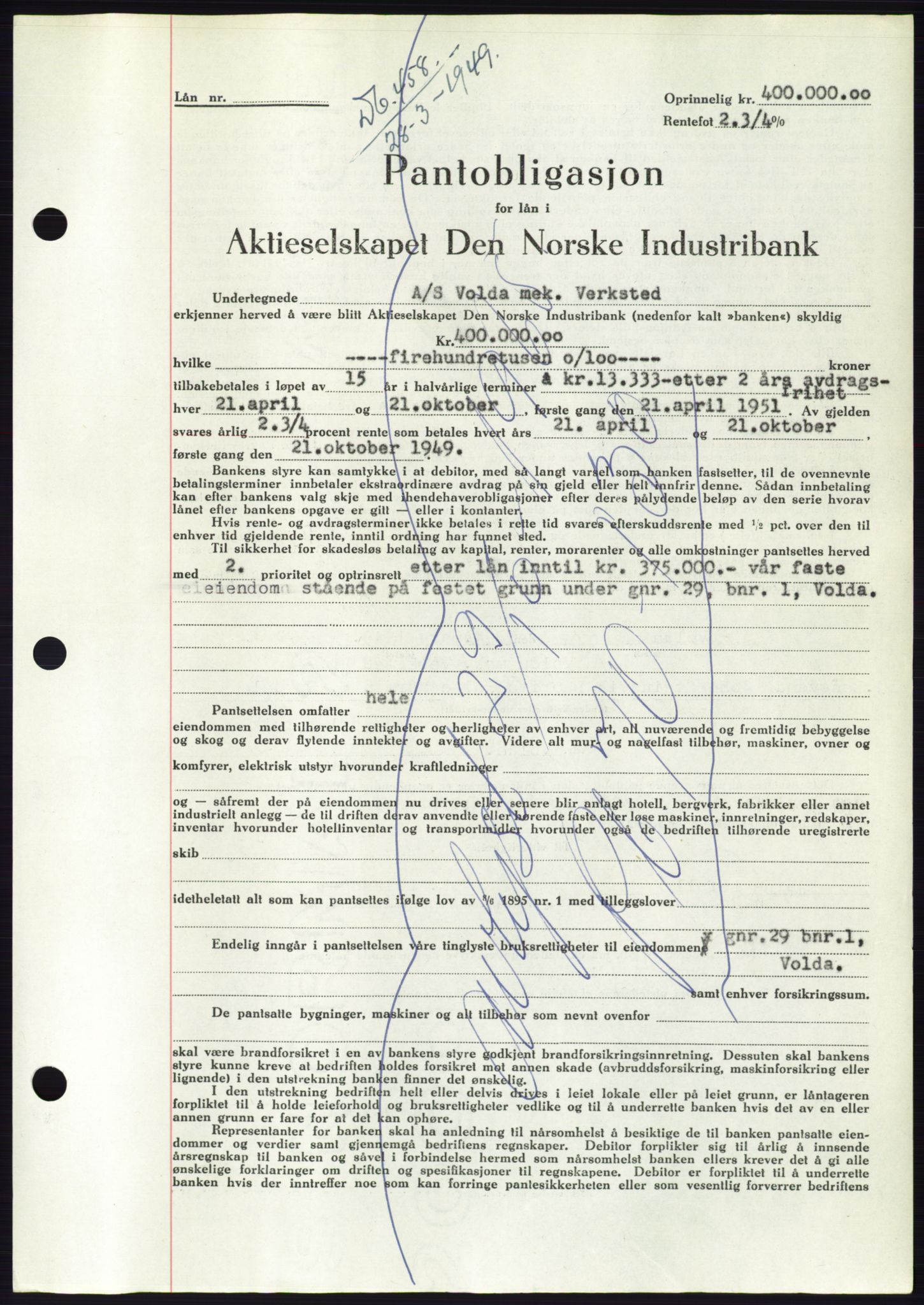 Søre Sunnmøre sorenskriveri, AV/SAT-A-4122/1/2/2C/L0116: Mortgage book no. 4B, 1948-1949, Diary no: : 458/1949