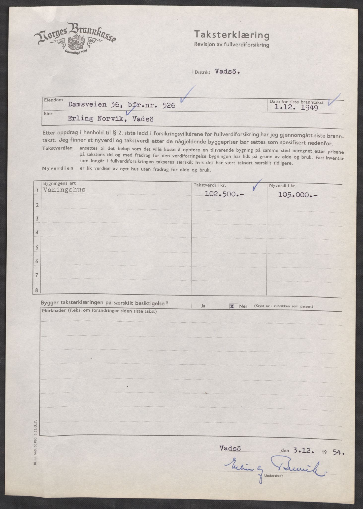 Norges Brannkasse, AV/RA-S-1549/E/Eu/L0008: Branntakster for Vadsø, 1893-1957, p. 465