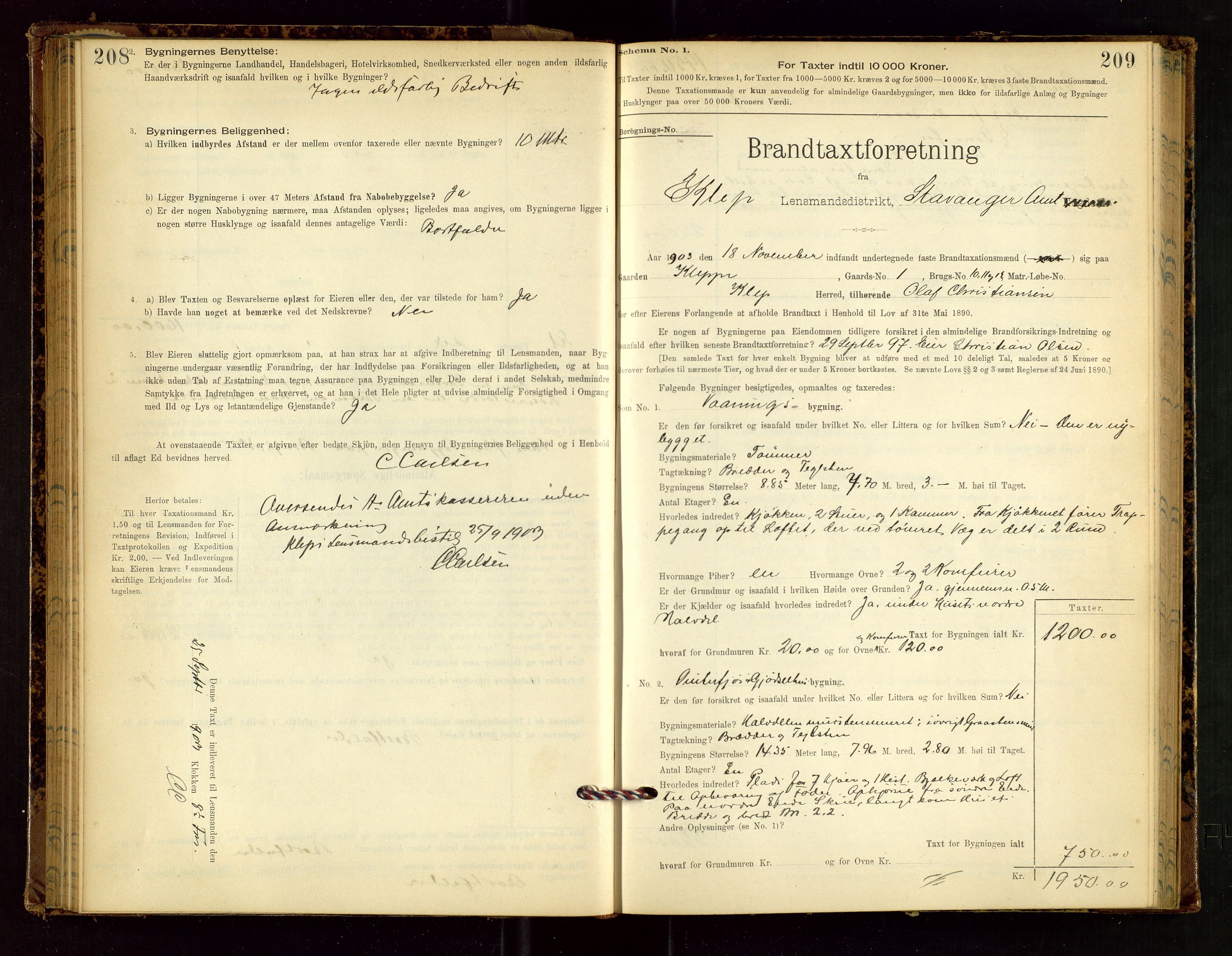 Klepp lensmannskontor, SAST/A-100163/Goc/L0002: "Brandtaxationsprotokol" m/register, 1898-1902, p. 208-209