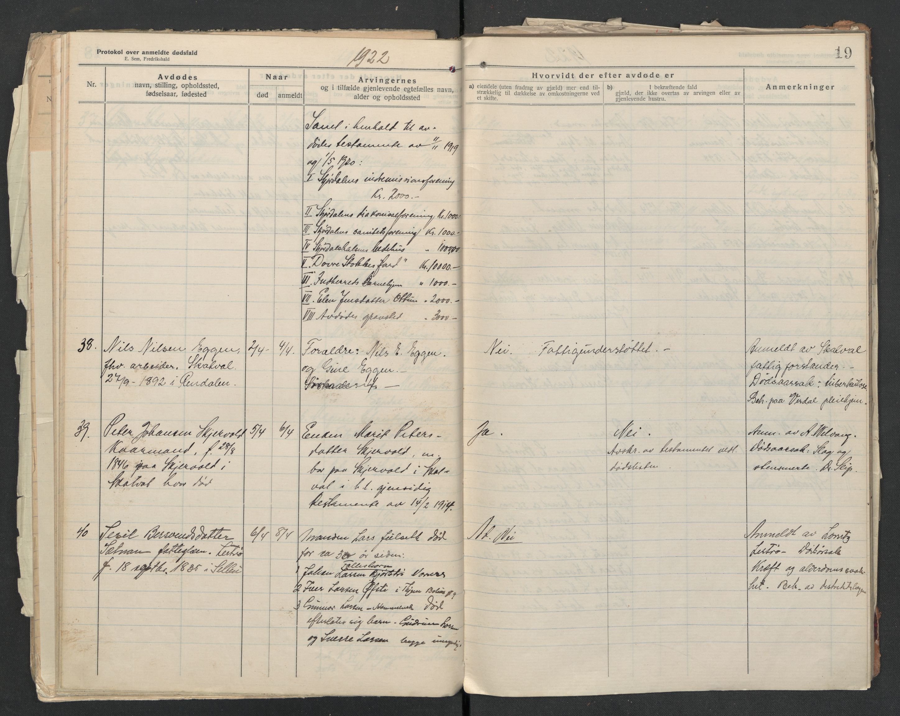 Nedre Stjørdal lensmannskontor, AV/SAT-A-1044/02/L0005: 2.01.05 Dødsfallsprotokoller, 1921-1928, p. 19