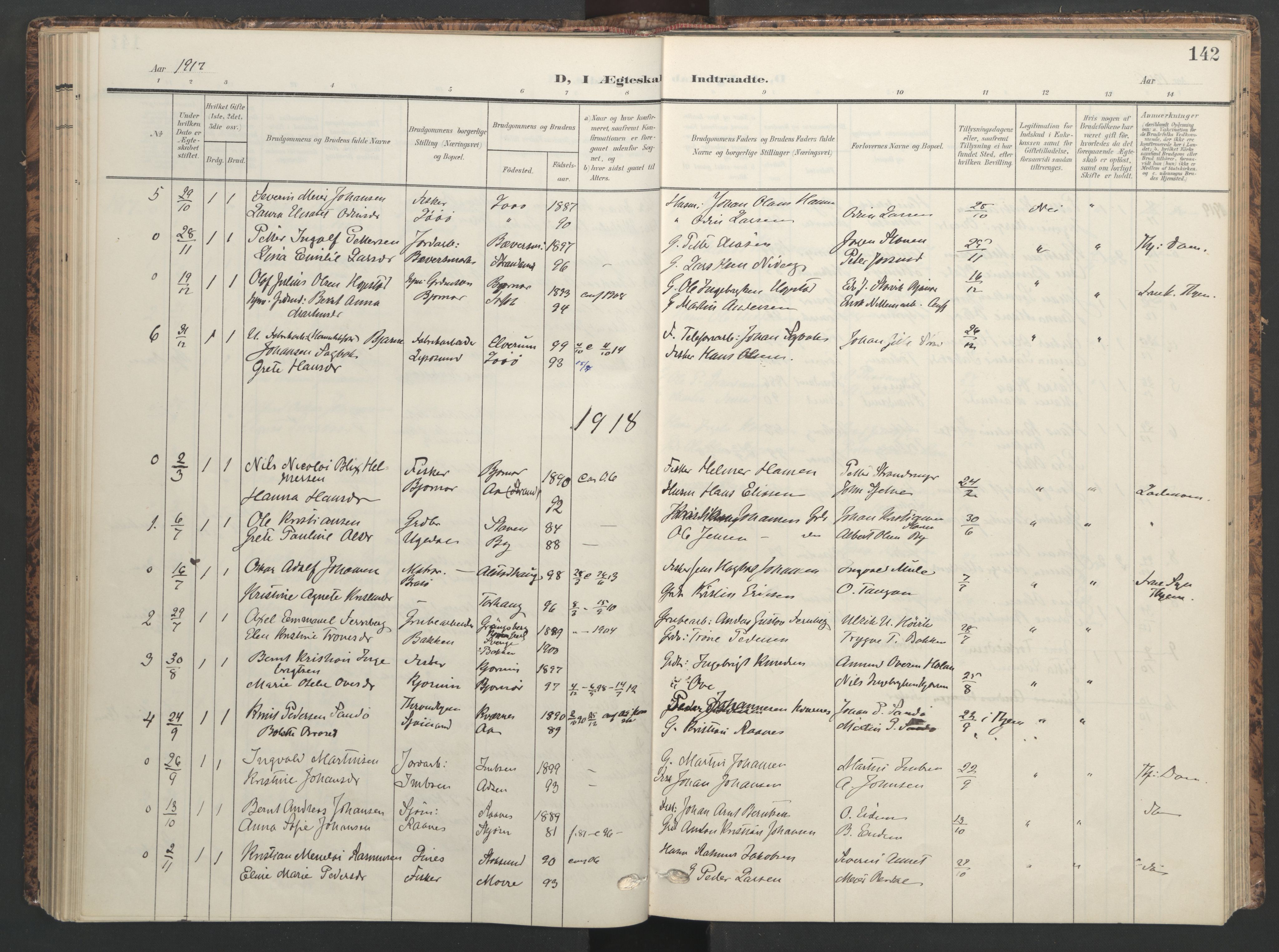Ministerialprotokoller, klokkerbøker og fødselsregistre - Sør-Trøndelag, SAT/A-1456/655/L0682: Parish register (official) no. 655A11, 1908-1922, p. 142