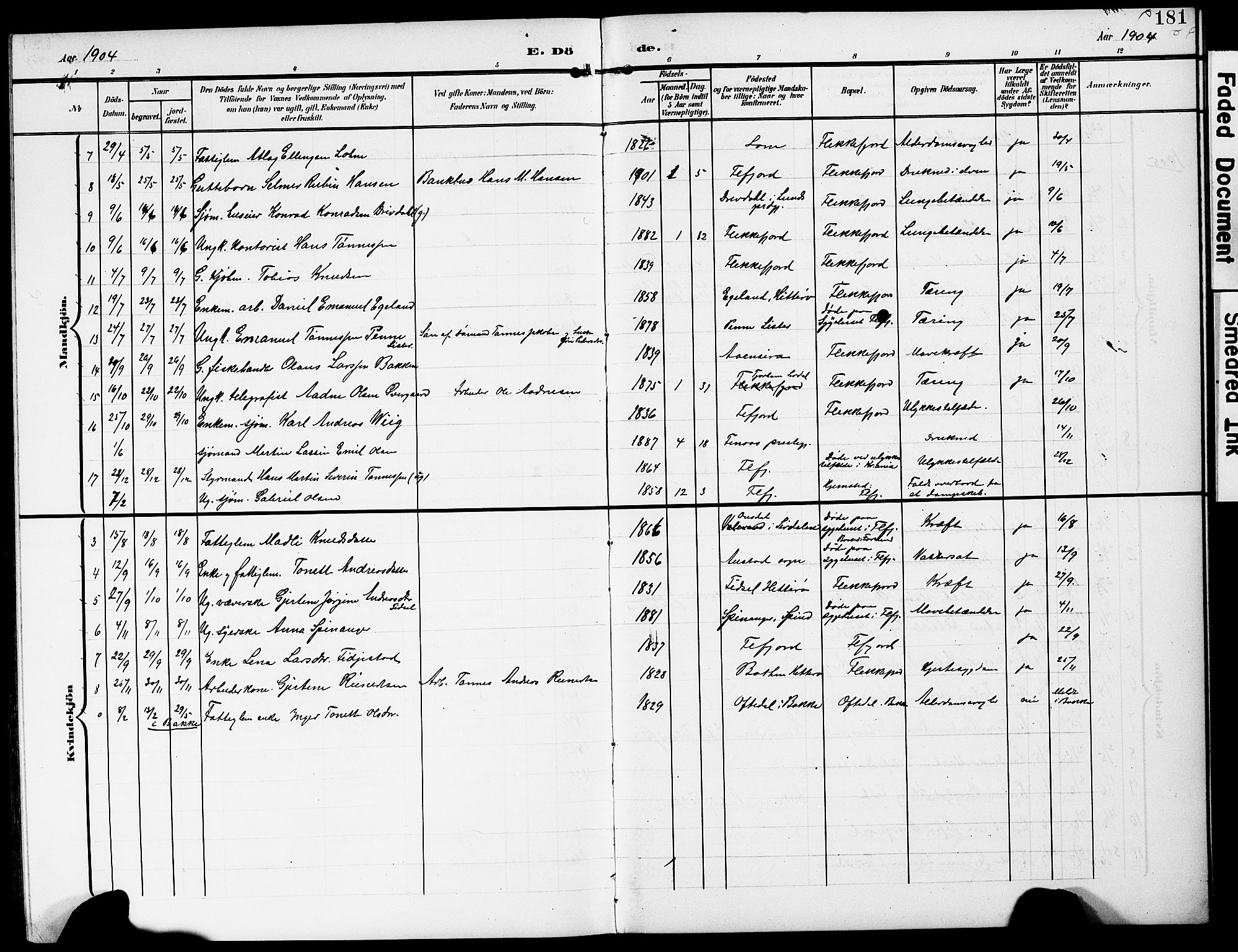 Flekkefjord sokneprestkontor, AV/SAK-1111-0012/F/Fb/Fba/L0001: Parish register (copy) no. B 1, 1903-1931, p. 181