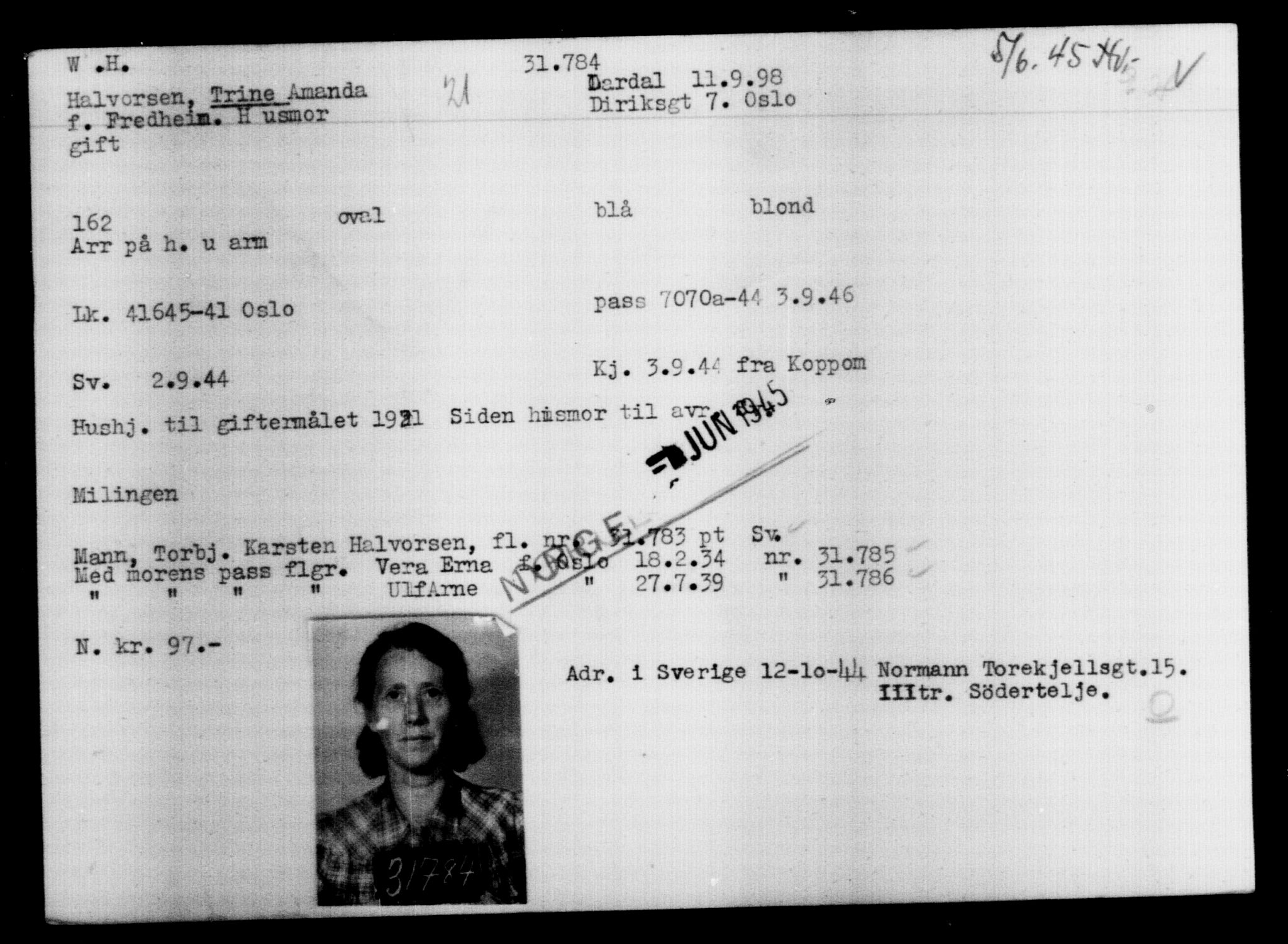 Utenriksstasjonene, Legasjonen i Stockholm, Flyktningkontoret, AV/RA-S-6753/V/Va/L0013: Kjesäterkartoteket, flyktninger med registreringsnr. 31500-34731, 1940-1945, p. 315