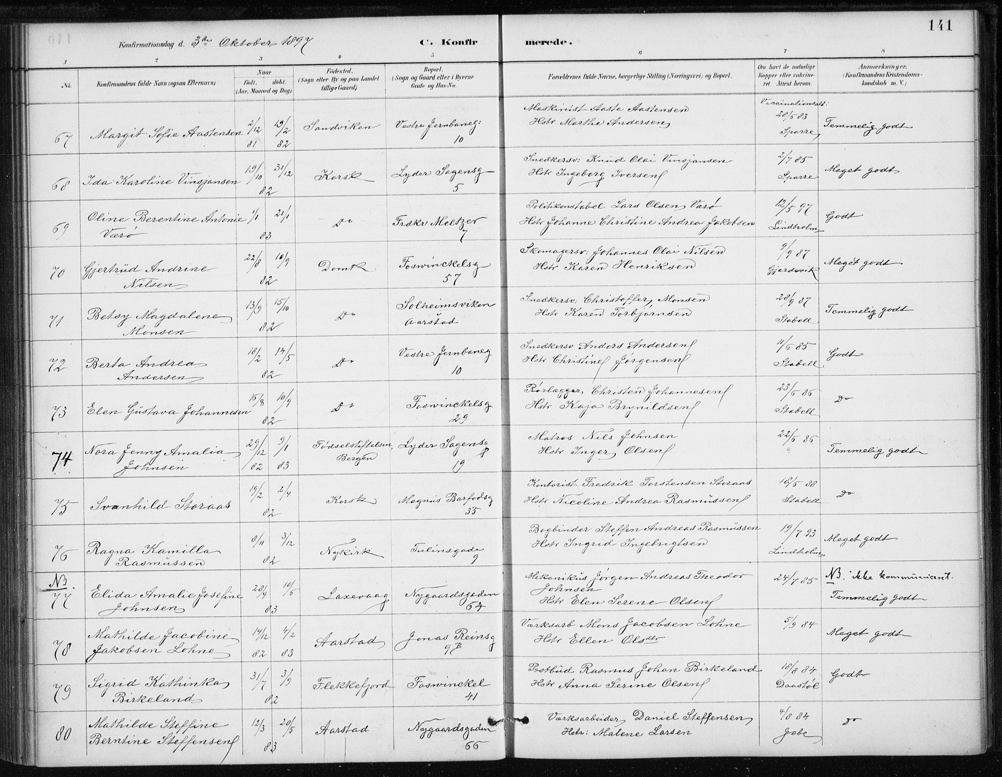 Johanneskirken sokneprestembete, AV/SAB-A-76001/H/Haa/L0008: Parish register (official) no. C 1, 1885-1907, p. 141