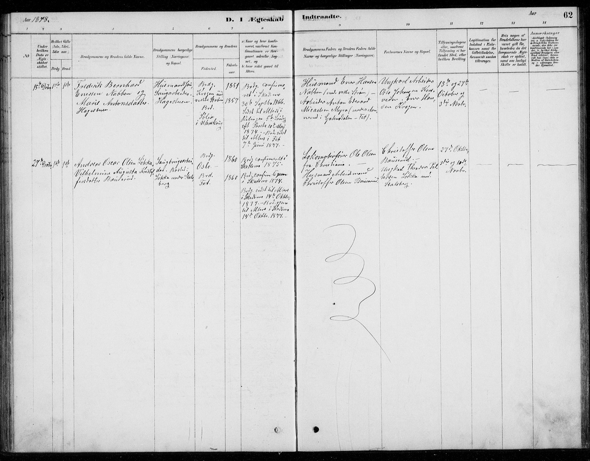 Fet prestekontor Kirkebøker, SAO/A-10370a/G/Gb/L0002: Parish register (copy) no. II 2, 1878-1911, p. 62