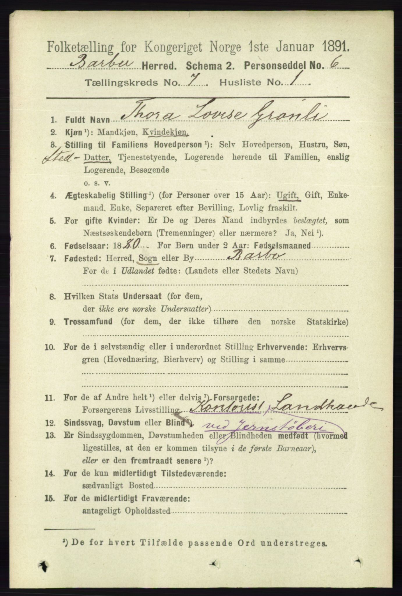 RA, 1891 census for 0990 Barbu, 1891, p. 5054