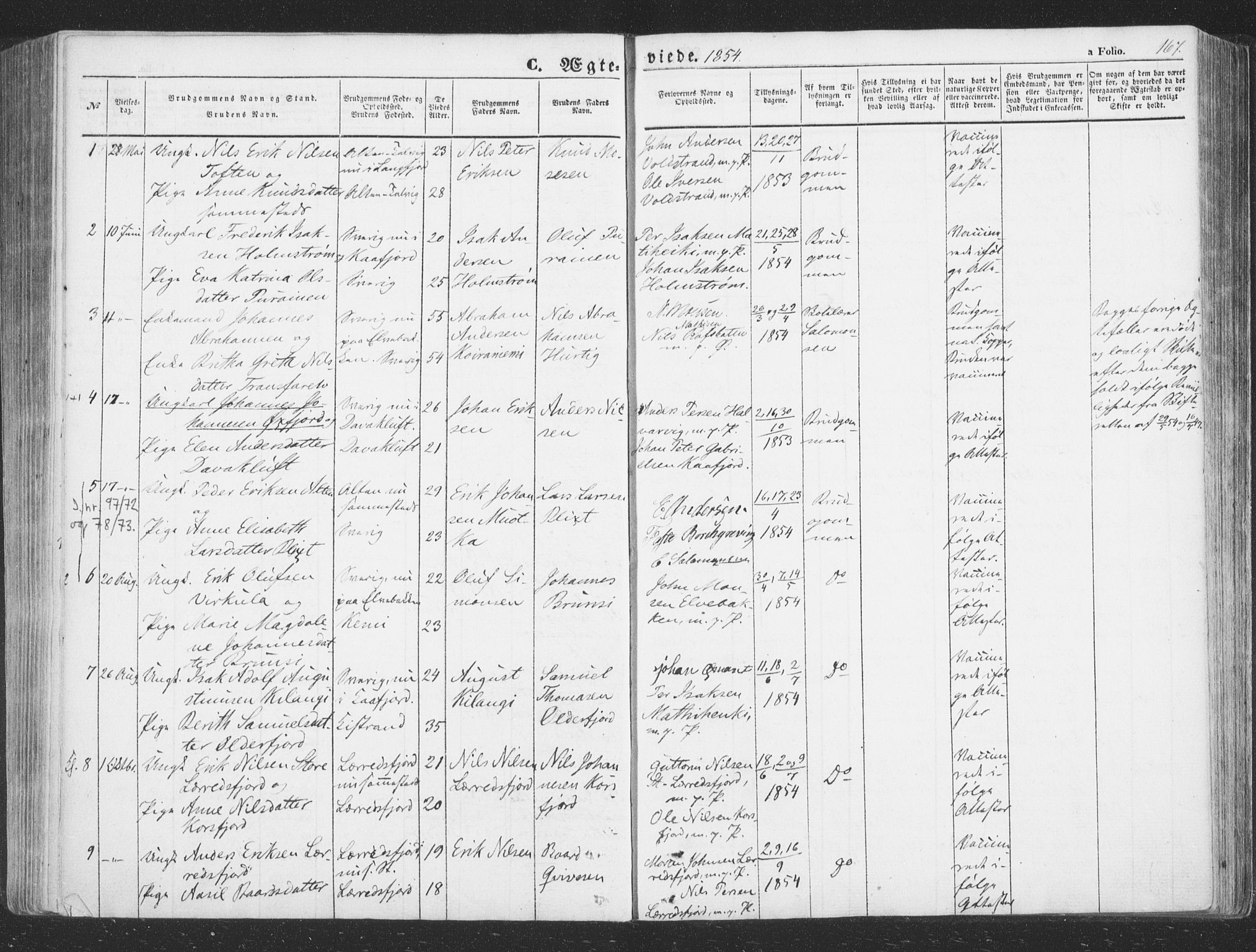 Talvik sokneprestkontor, SATØ/S-1337/H/Ha/L0010kirke: Parish register (official) no. 10, 1852-1864, p. 167