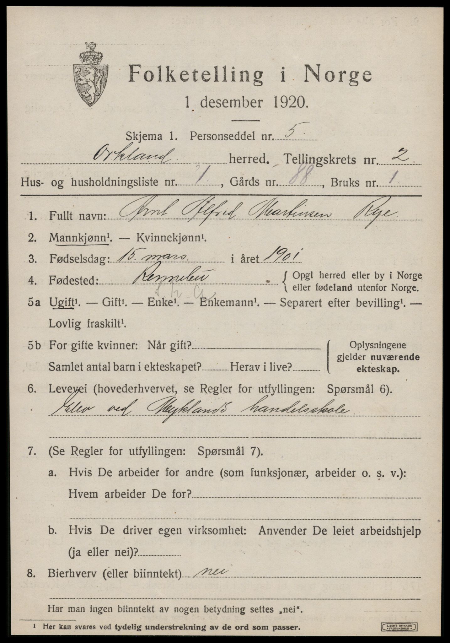 SAT, 1920 census for Orkland, 1920, p. 1682