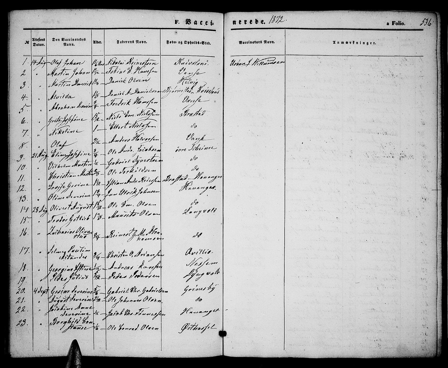 Lista sokneprestkontor, SAK/1111-0027/F/Fb/L0003: Parish register (copy) no. B 3, 1862-1877, p. 536
