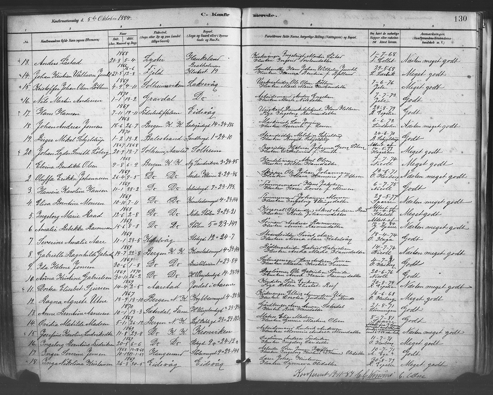 Mariakirken Sokneprestembete, SAB/A-76901/H/Haa/L0007: Parish register (official) no. A 7, 1878-1893, p. 130