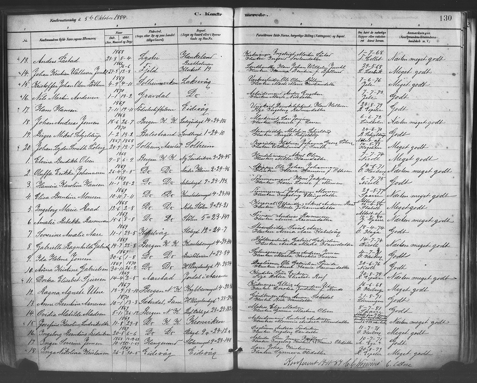 Mariakirken Sokneprestembete, AV/SAB-A-76901/H/Haa/L0007: Parish register (official) no. A 7, 1878-1893, p. 130