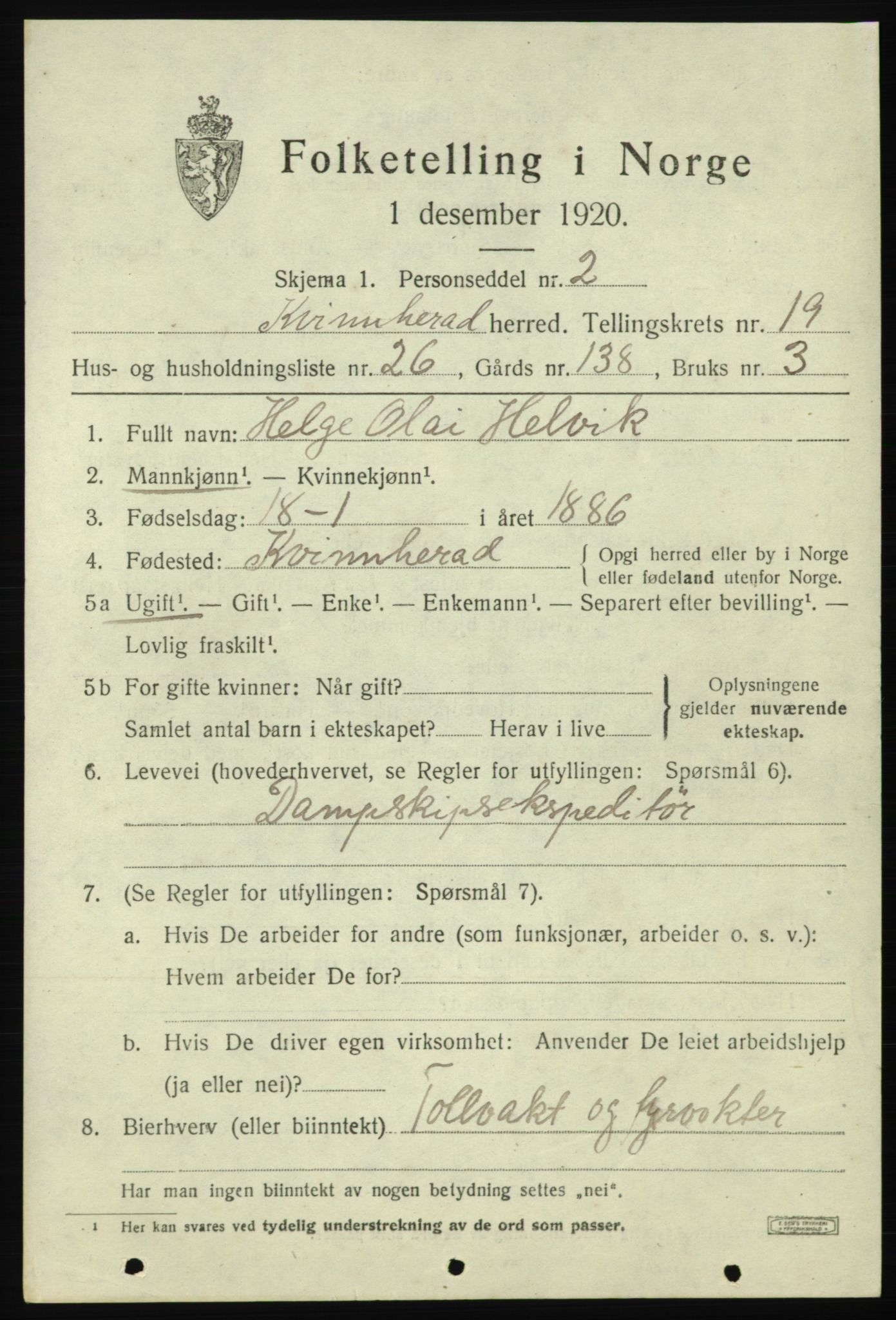 SAB, 1920 census for Kvinnherad, 1920, p. 12174