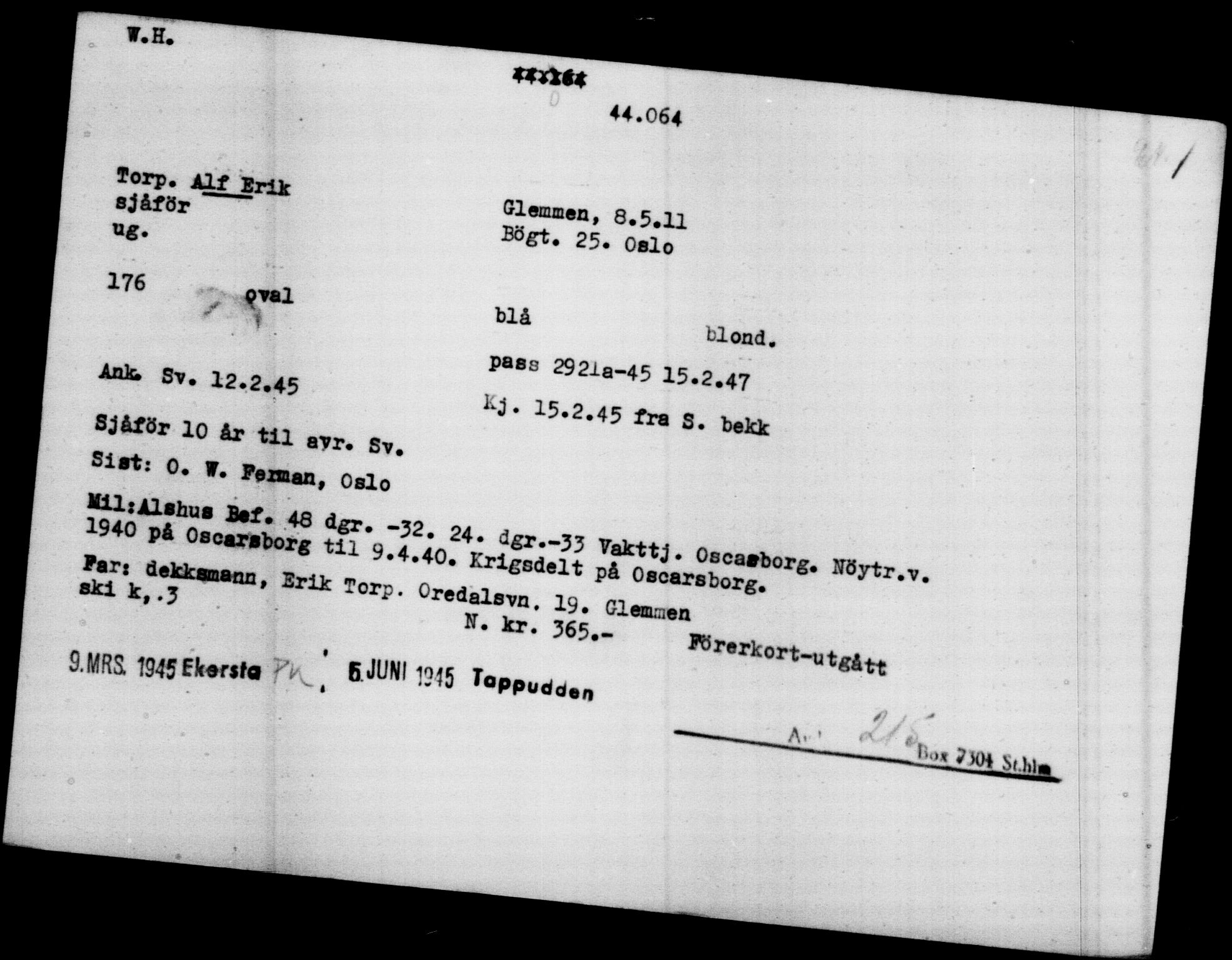 Utenriksstasjonene, Legasjonen i Stockholm, Flyktningkontoret, AV/RA-S-6753/V/Va/L0017: Kjesäterkartoteket, flyktninger med registreringsnr. 43400-46318, 1940-1945, p. 695