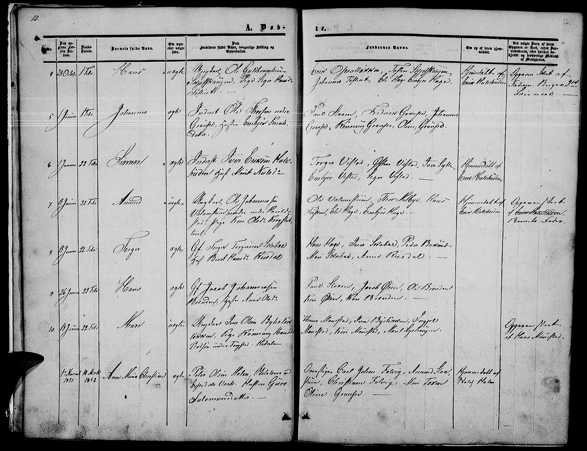 Nord-Fron prestekontor, SAH/PREST-080/H/Ha/Hab/L0002: Parish register (copy) no. 2, 1851-1883, p. 12