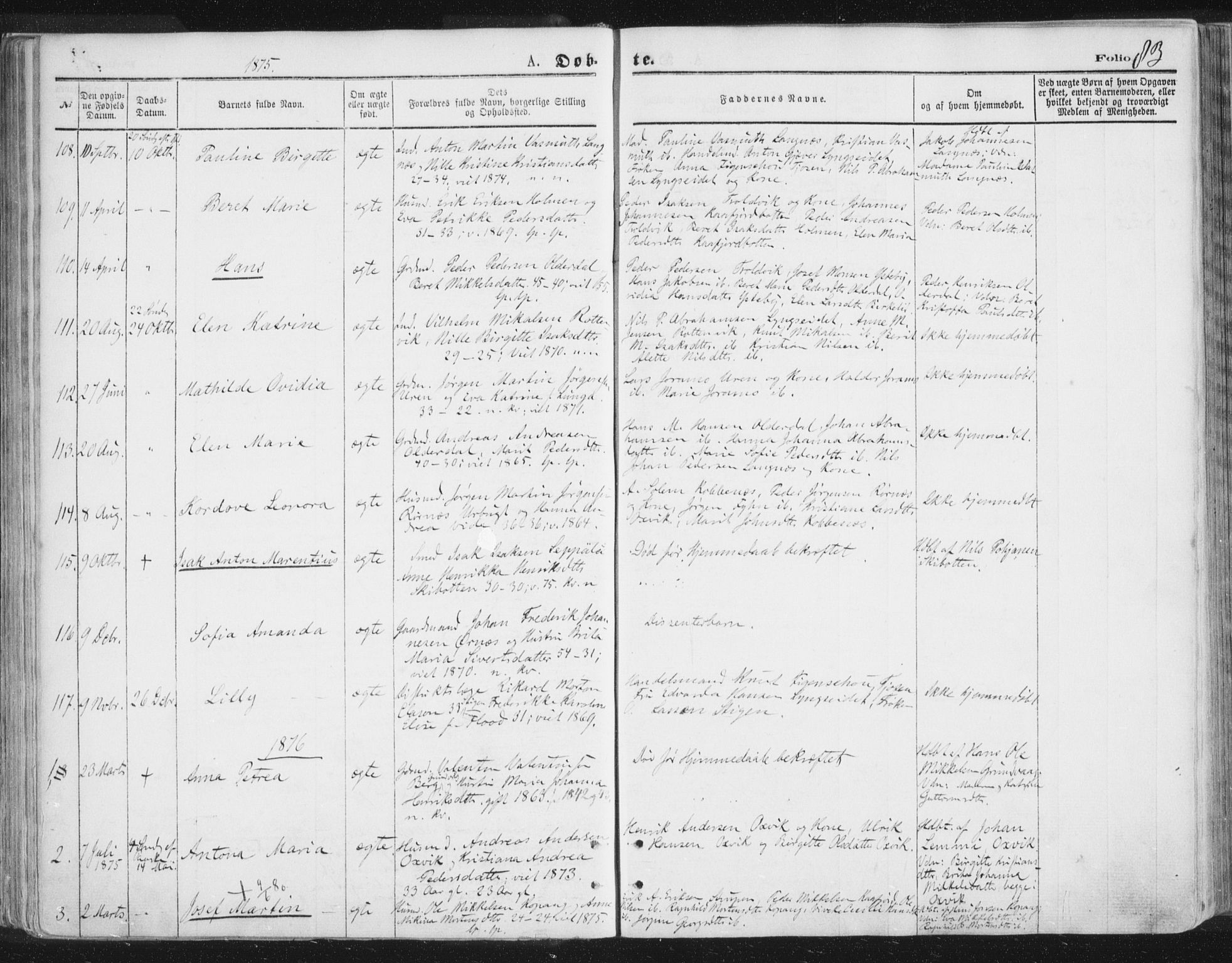 Lyngen sokneprestembete, AV/SATØ-S-1289/H/He/Hea/L0006kirke: Parish register (official) no. 6, 1870-1878, p. 83