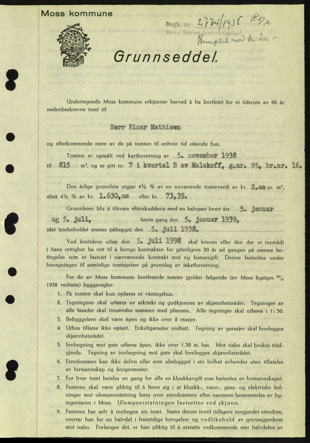 Moss sorenskriveri, SAO/A-10168: Mortgage book no. A5, 1938-1939, Diary no: : 2774/1938