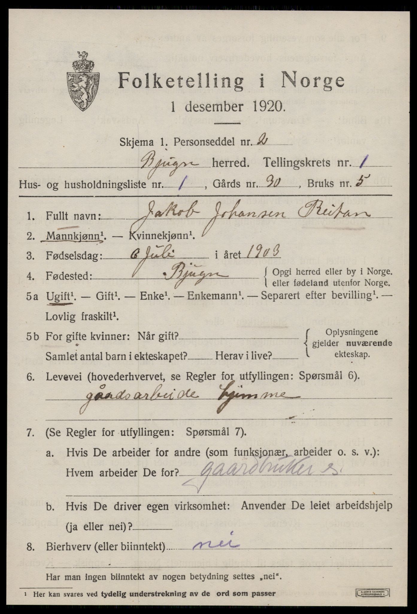 SAT, 1920 census for Bjugn, 1920, p. 493