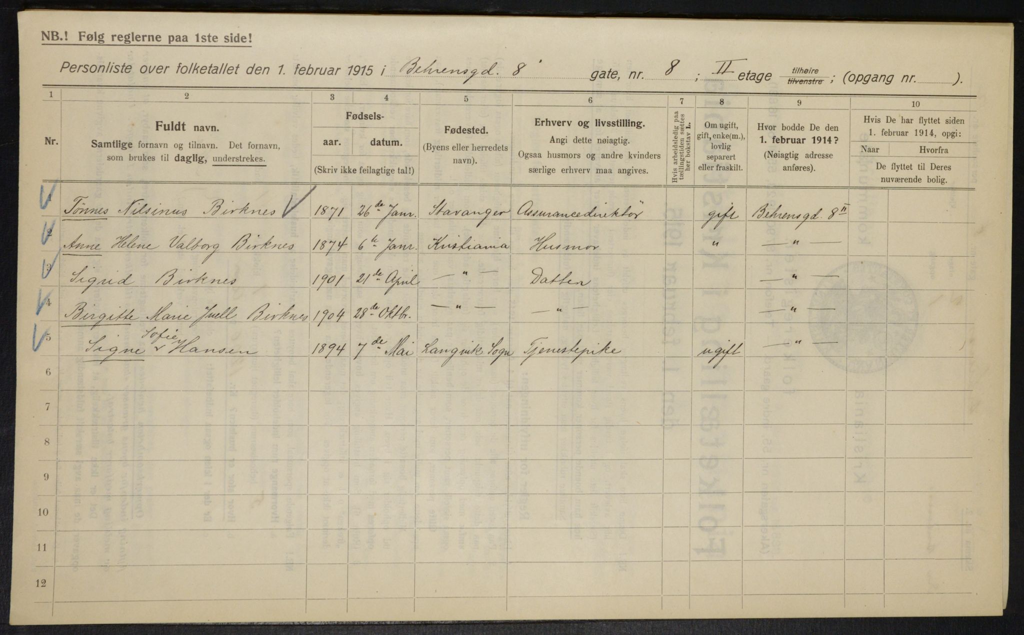 OBA, Municipal Census 1915 for Kristiania, 1915, p. 3521