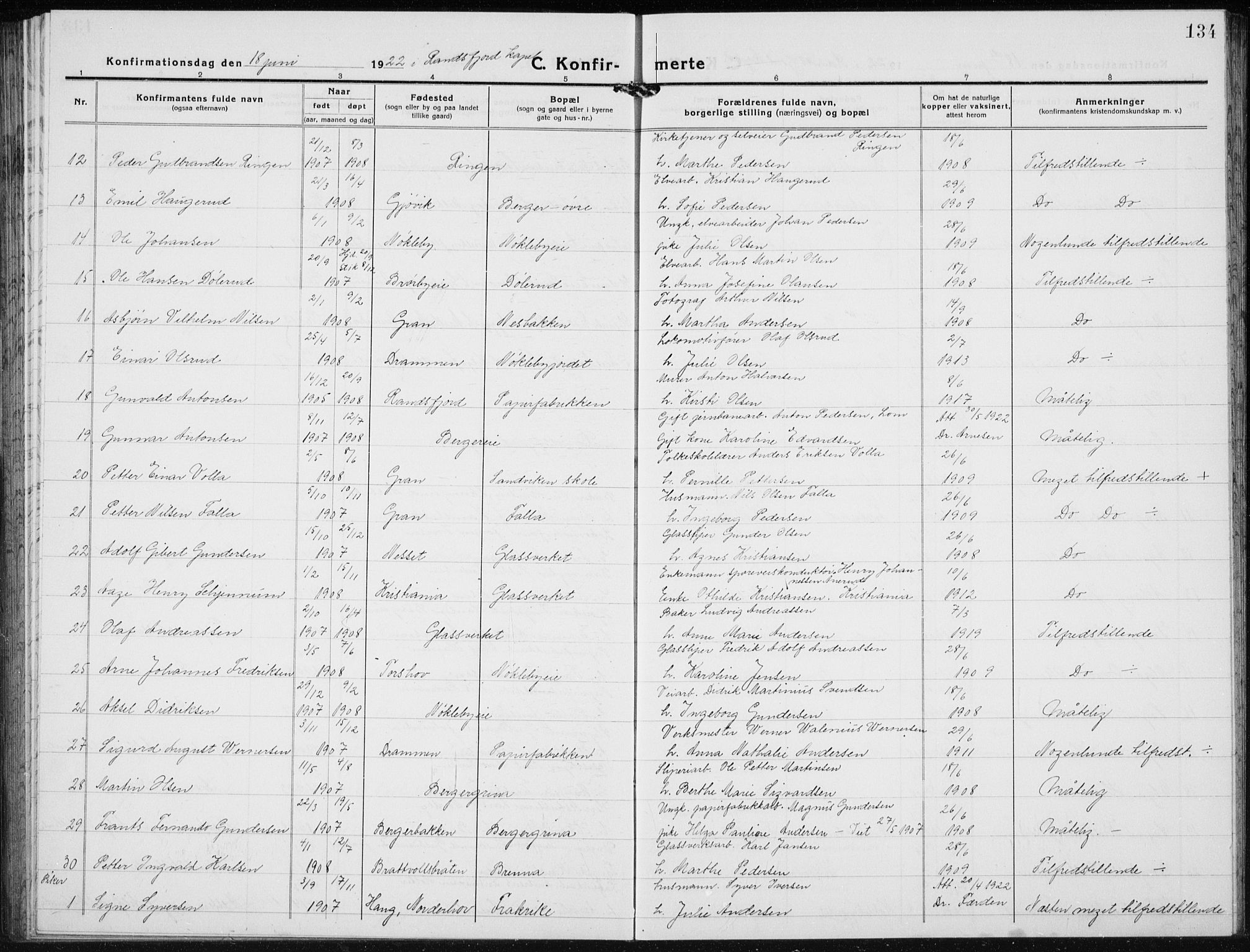 Jevnaker prestekontor, SAH/PREST-116/H/Ha/Hab/L0005: Parish register (copy) no. 5, 1919-1934, p. 134