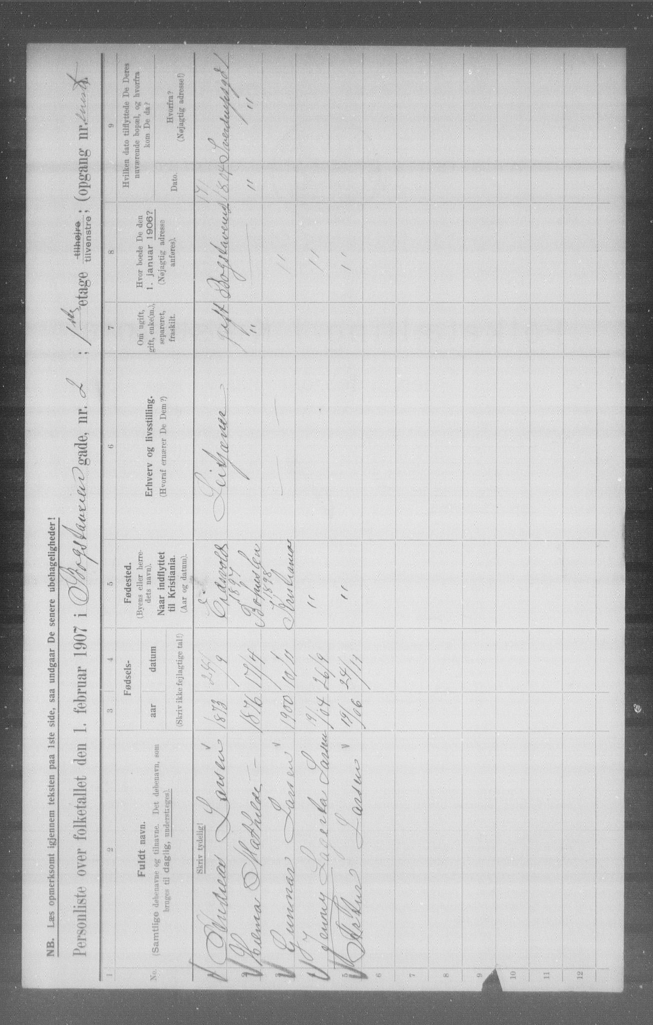 OBA, Municipal Census 1907 for Kristiania, 1907, p. 3565