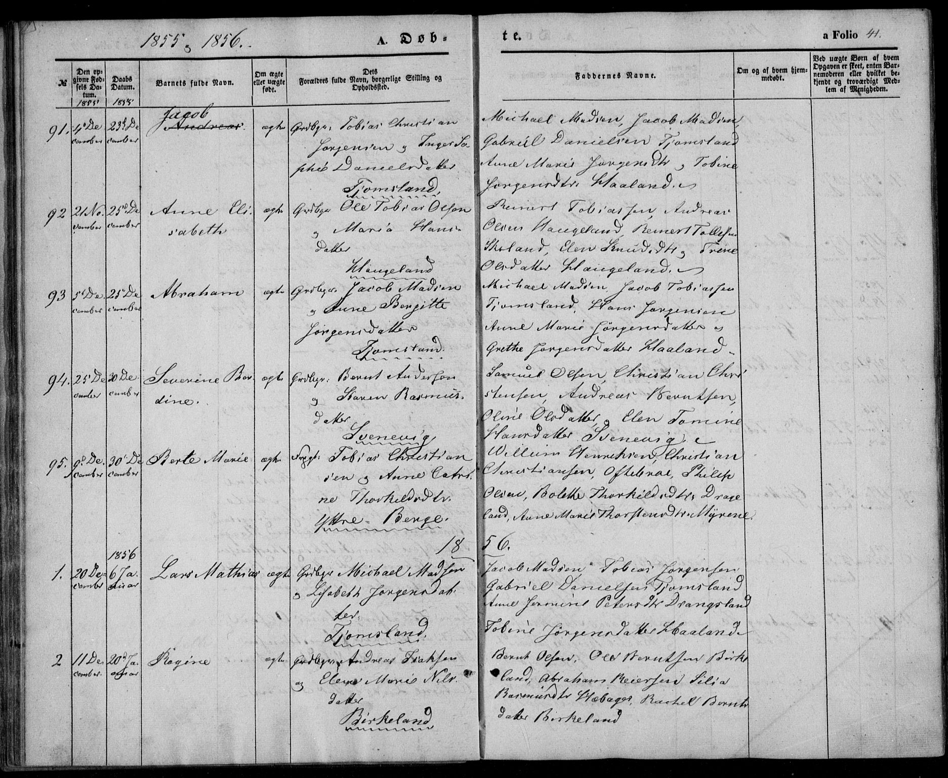 Lyngdal sokneprestkontor, SAK/1111-0029/F/Fa/Fac/L0009: Parish register (official) no. A 9, 1852-1864, p. 41