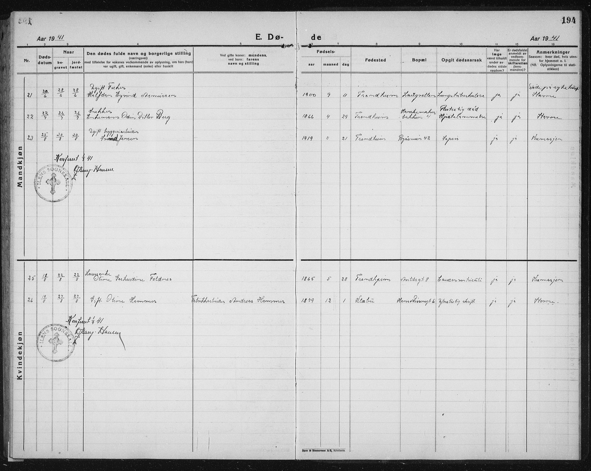 Ministerialprotokoller, klokkerbøker og fødselsregistre - Sør-Trøndelag, SAT/A-1456/603/L0176: Parish register (copy) no. 603C04, 1923-1941, p. 194