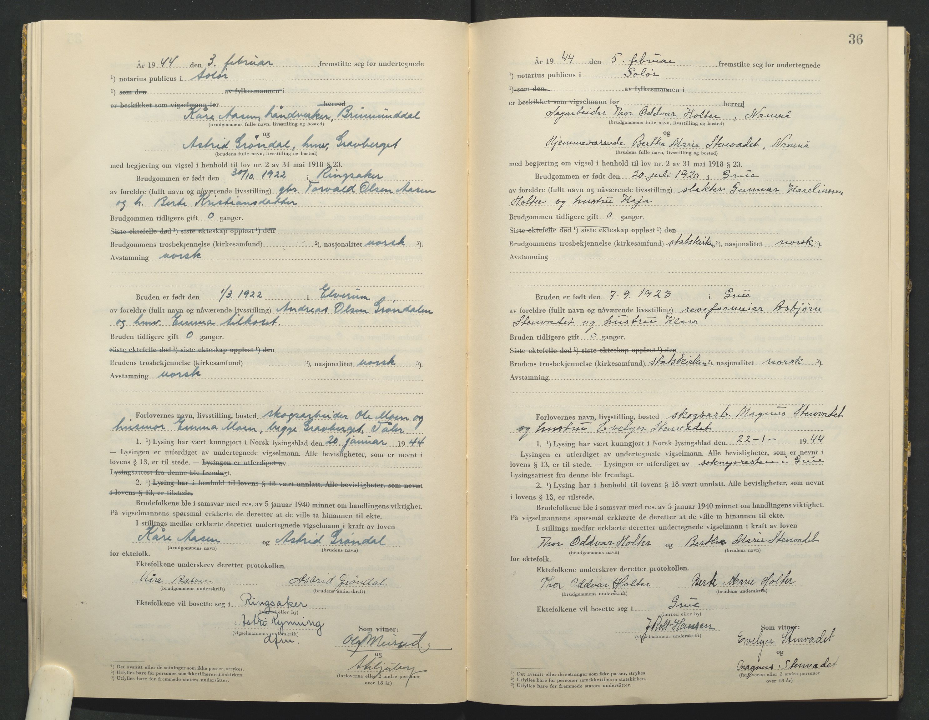 Solør tingrett, AV/SAH-TING-008/L/Lb/L0002: Vigselprotokoll, 1943-1944, p. 36