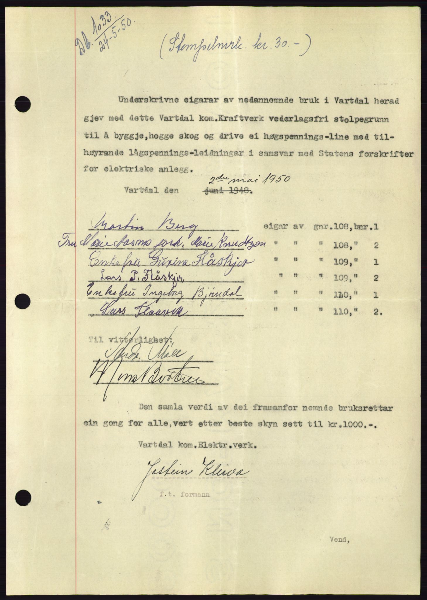 Søre Sunnmøre sorenskriveri, SAT/A-4122/1/2/2C/L0087: Mortgage book no. 13A, 1950-1950, Diary no: : 1033/1950