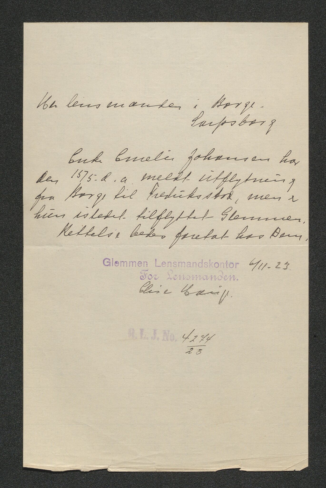 Borge lensmannskontor (Østfold), AV/SAO-A-10176/I/Ia/L0005: Protokoll over inn- og utflyttede i Borge fattigkommune, 1914-1923