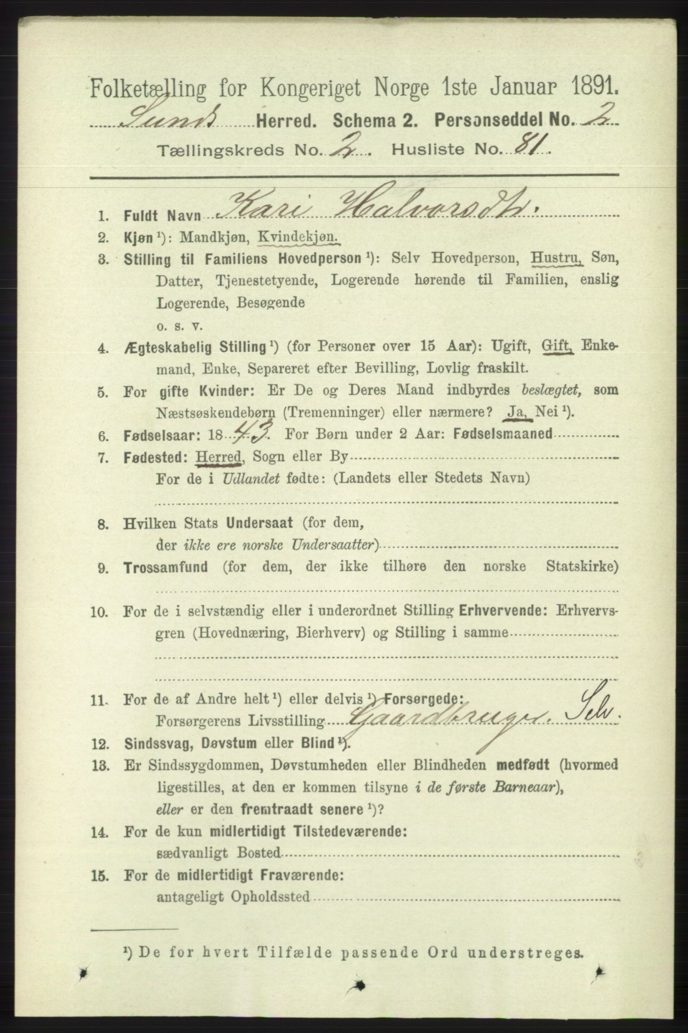 RA, 1891 census for 1245 Sund, 1891, p. 1110