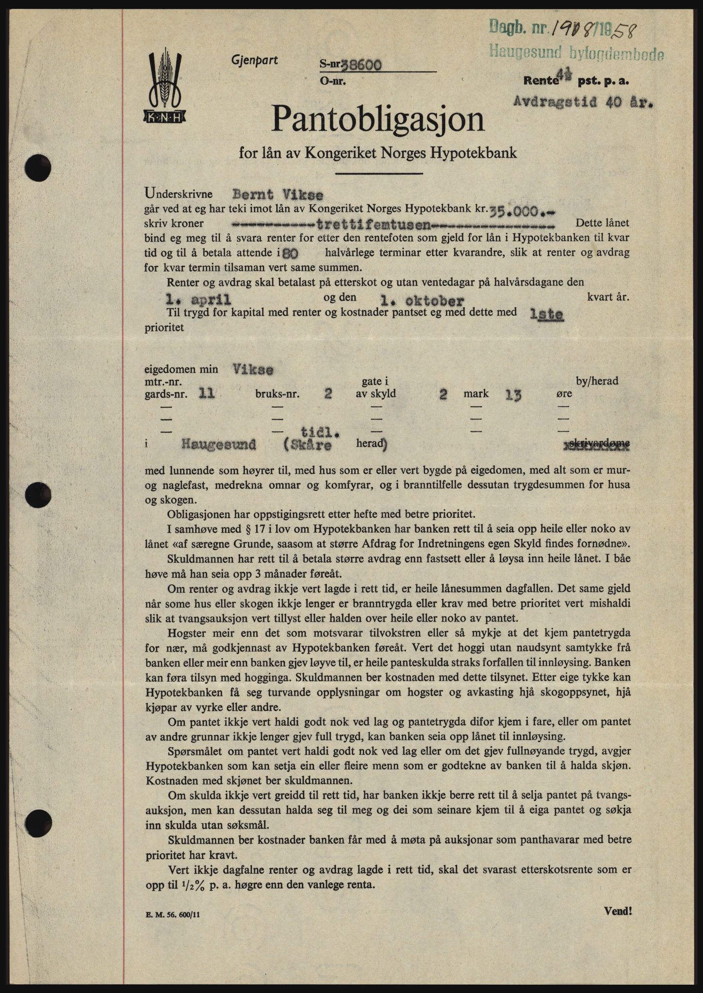 Haugesund tingrett, SAST/A-101415/01/II/IIC/L0044: Mortgage book no. B 44, 1958-1959, Diary no: : 1908/1958