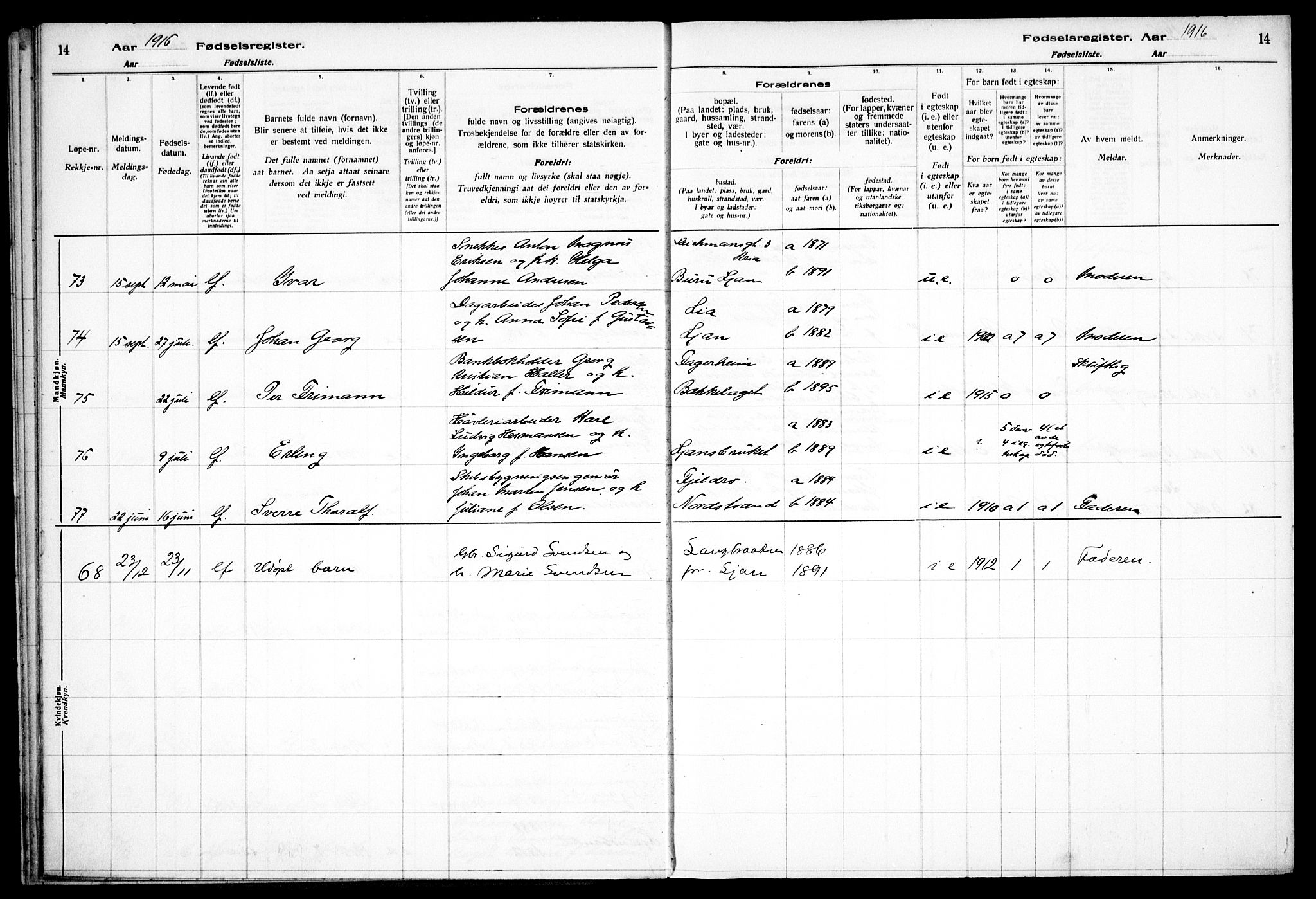 Nordstrand prestekontor Kirkebøker, AV/SAO-A-10362a/J/Ja/L0001: Birth register no. I 1, 1916-1924, p. 14