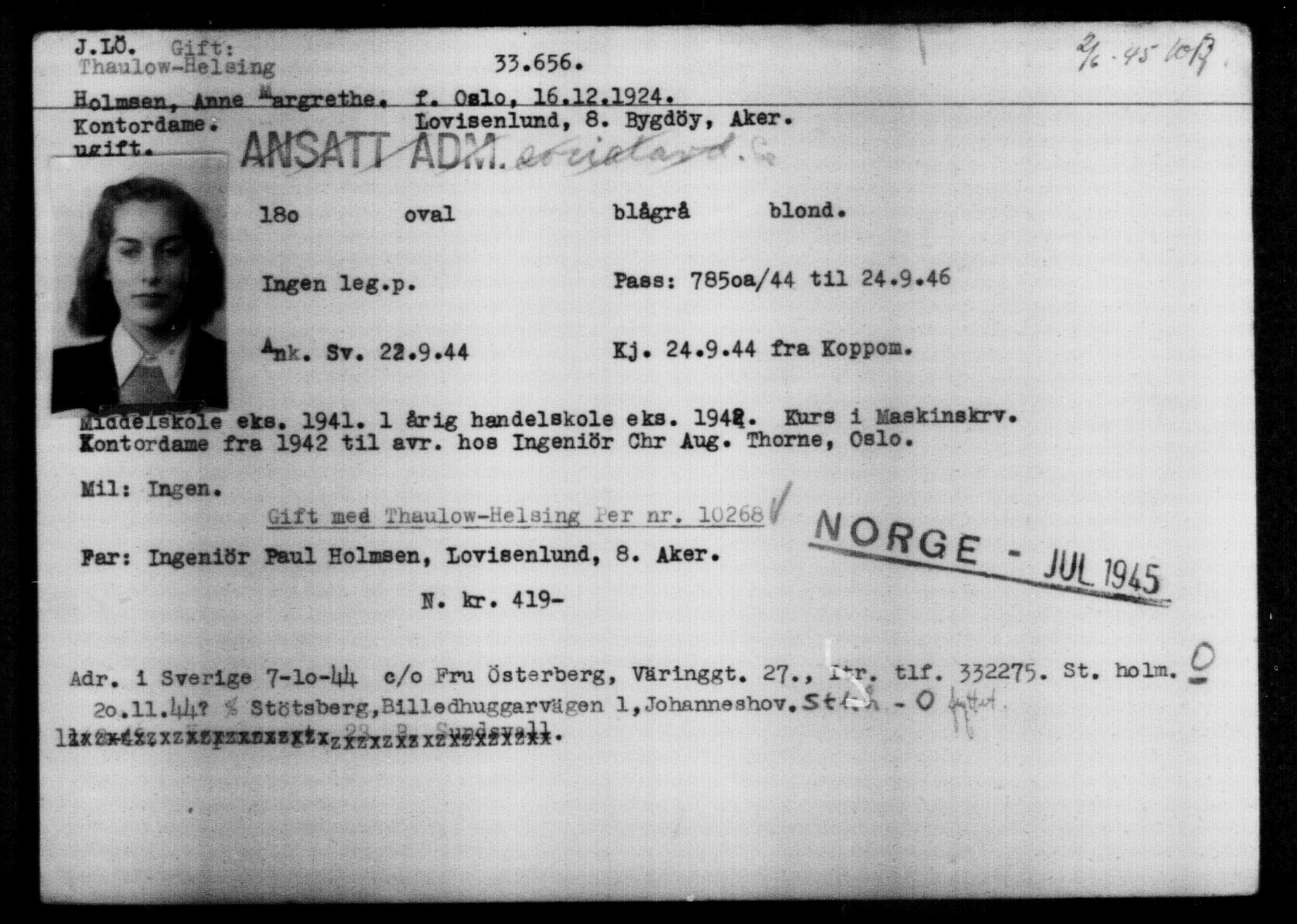 Utenriksstasjonene, Legasjonen i Stockholm, Flyktningkontoret, AV/RA-S-6753/V/Va/L0013: Kjesäterkartoteket, flyktninger med registreringsnr. 31500-34731, 1940-1945, p. 2275